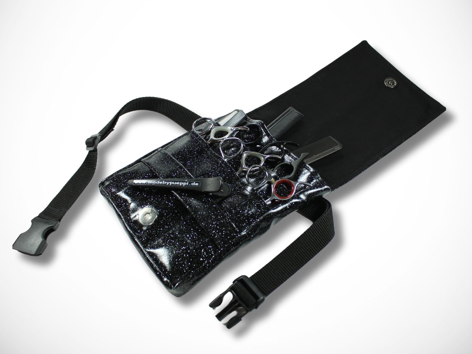 Glitzer Friseur Werkzeugtasche Scherentasche in schwarz aus Soft Vinyl Kunstleder für Friseurin