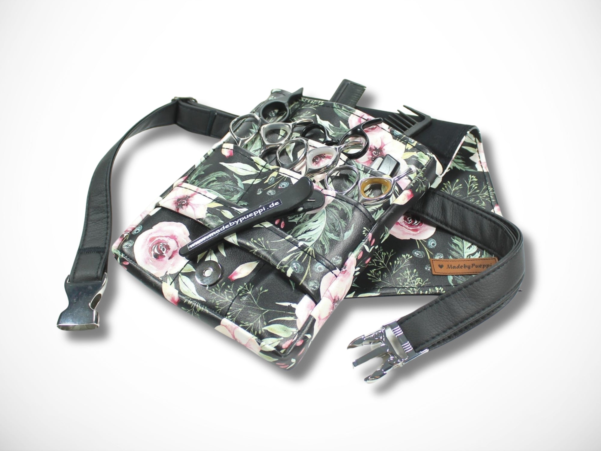 Elegante Friseurtasche aus Kunstleder in schwarz Scherentasche für Friseur Blumen Werkzeugtasche