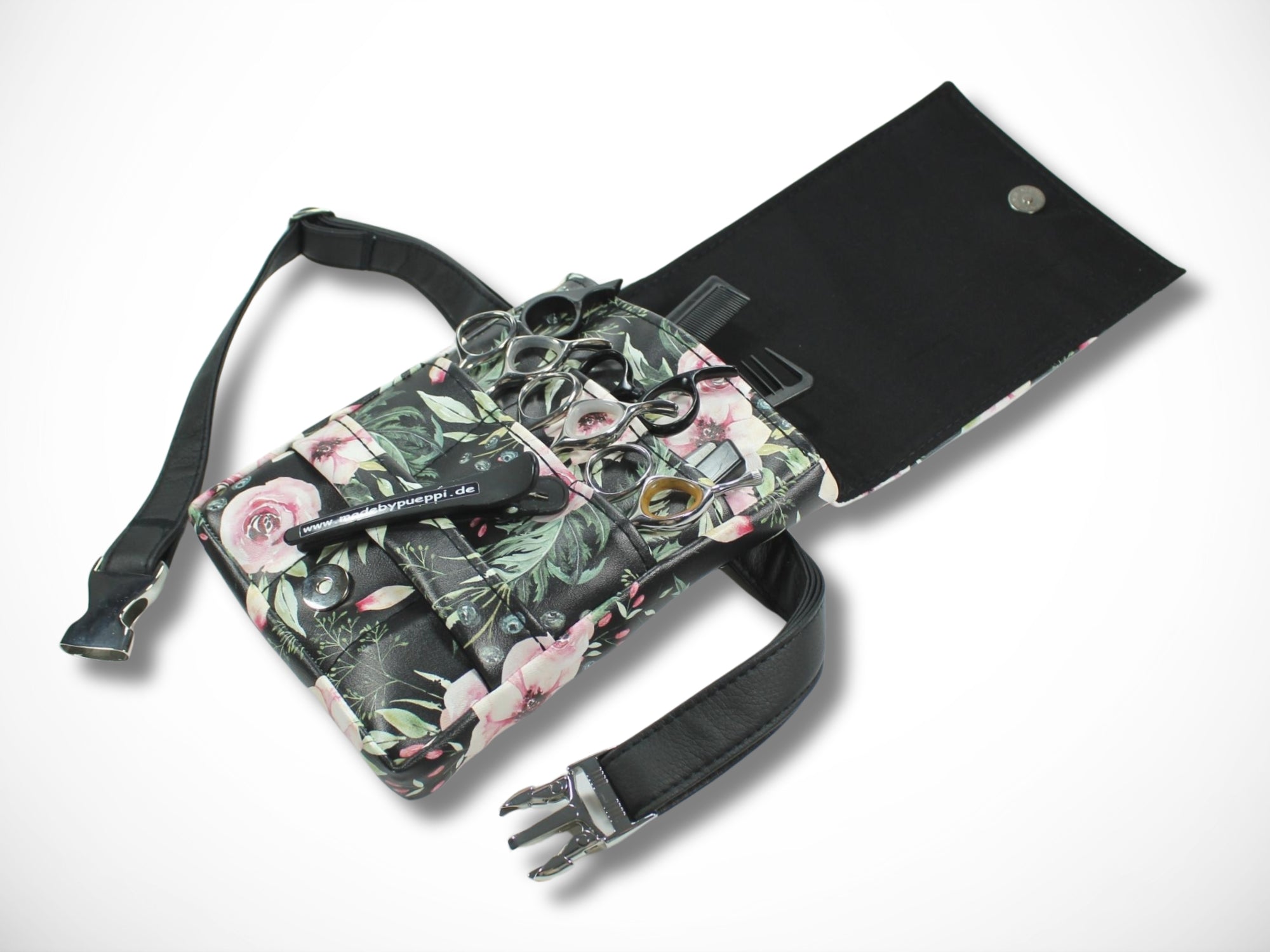 Elegante Friseurtasche aus Kunstleder in schwarz Scherentasche für Friseur Blumen Werkzeugtasche