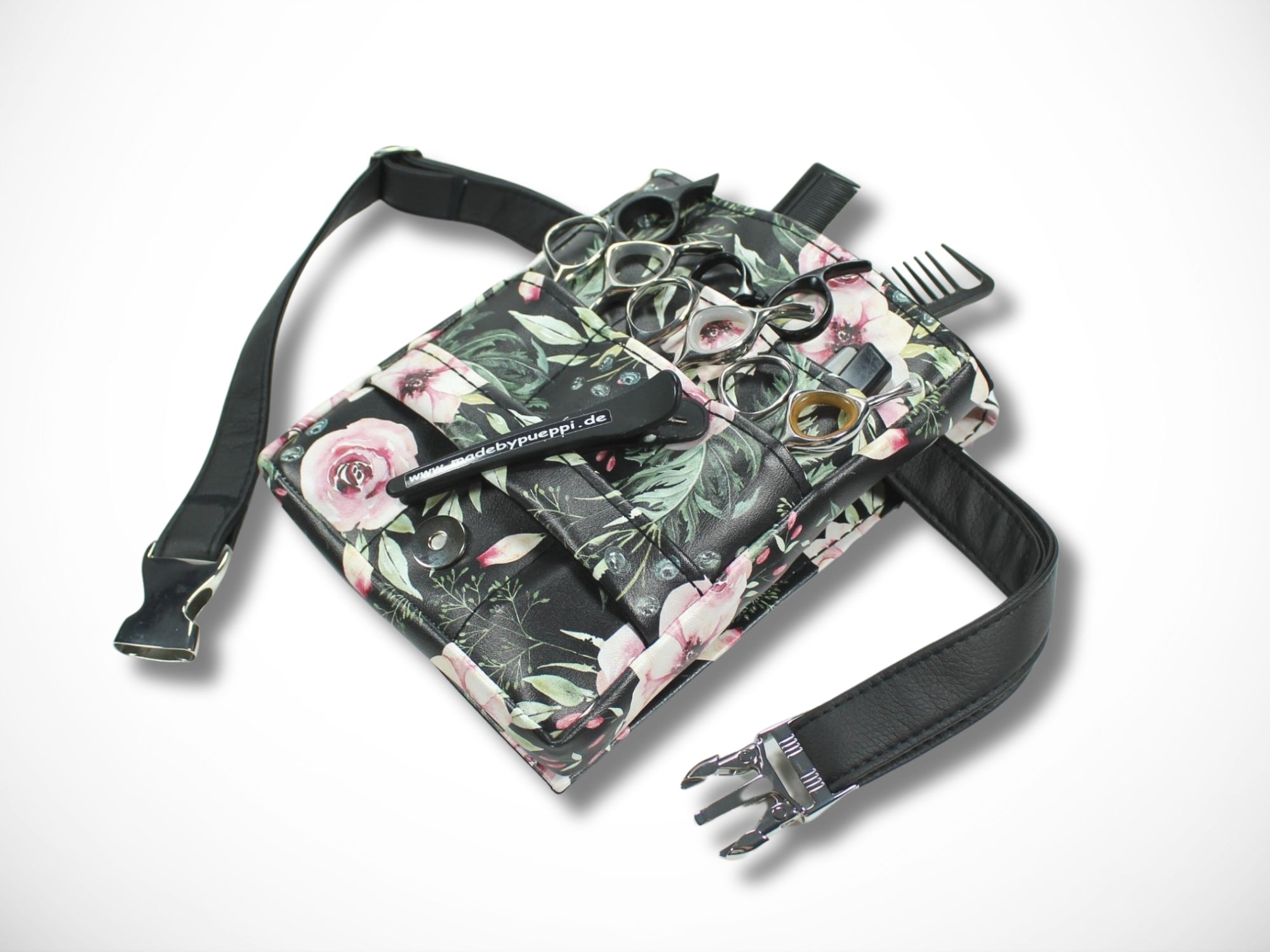 Elegante Friseurtasche aus Kunstleder in schwarz Scherentasche für Friseur Blumen Werkzeugtasche