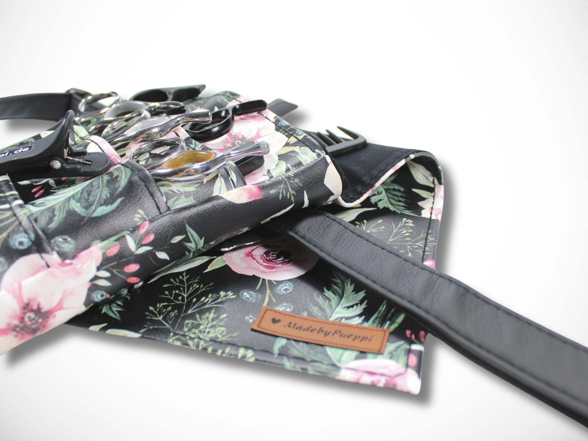 Elegante Friseurtasche aus Kunstleder in schwarz Scherentasche für Friseur Blumen Werkzeugtasche