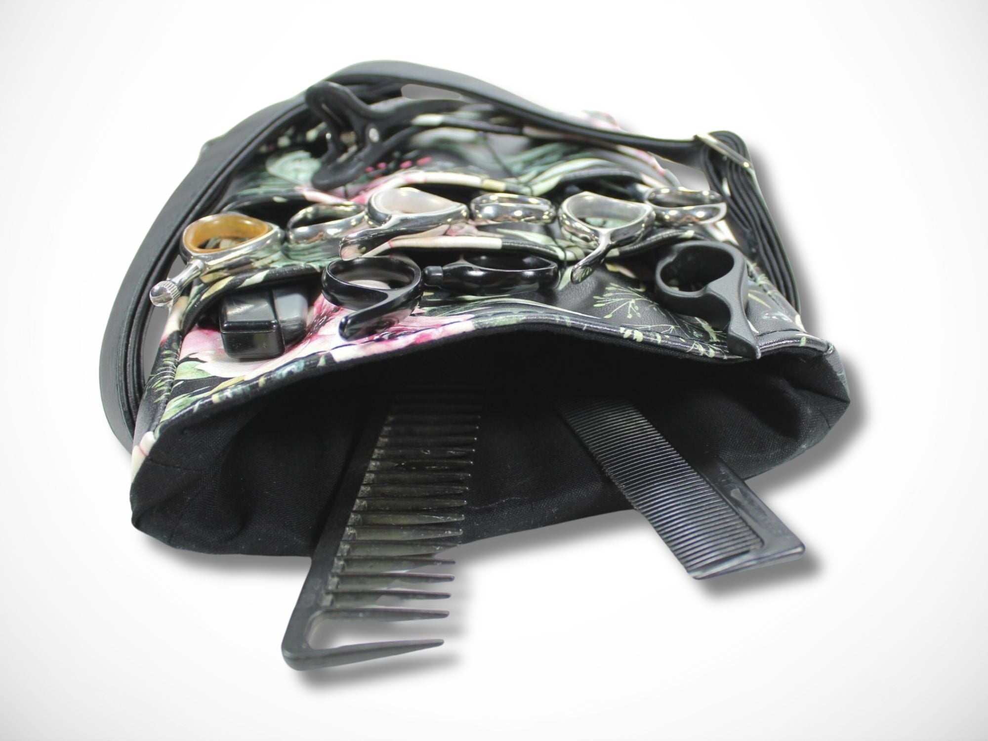 Elegante Friseurtasche aus Kunstleder in schwarz Scherentasche für Friseur Blumen Werkzeugtasche