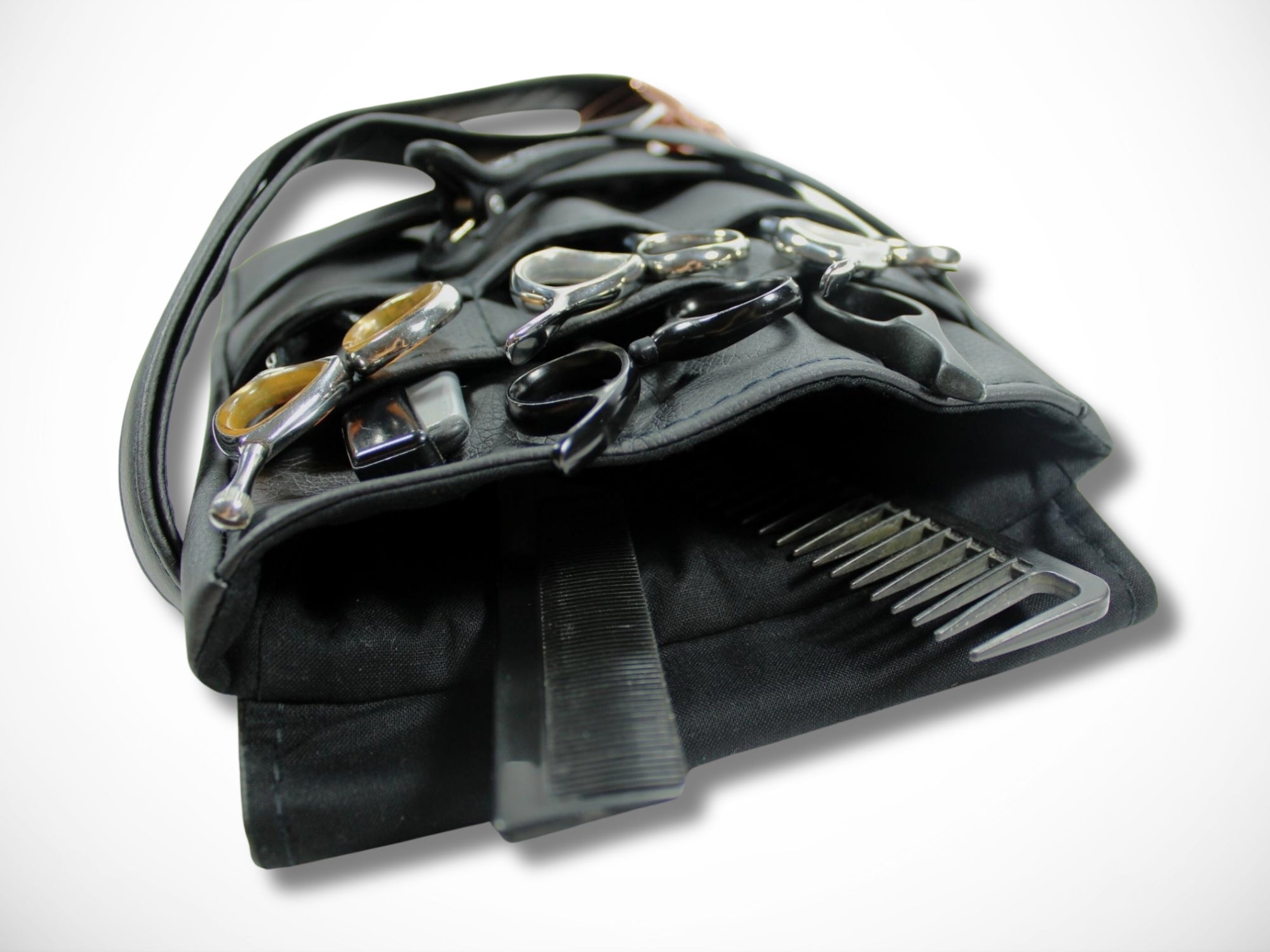 Elegante Friseurtasche aus schwarzem Kunstleder Scherentasche für Friseur Werkzeugtasche mit Metallsteckschnalle