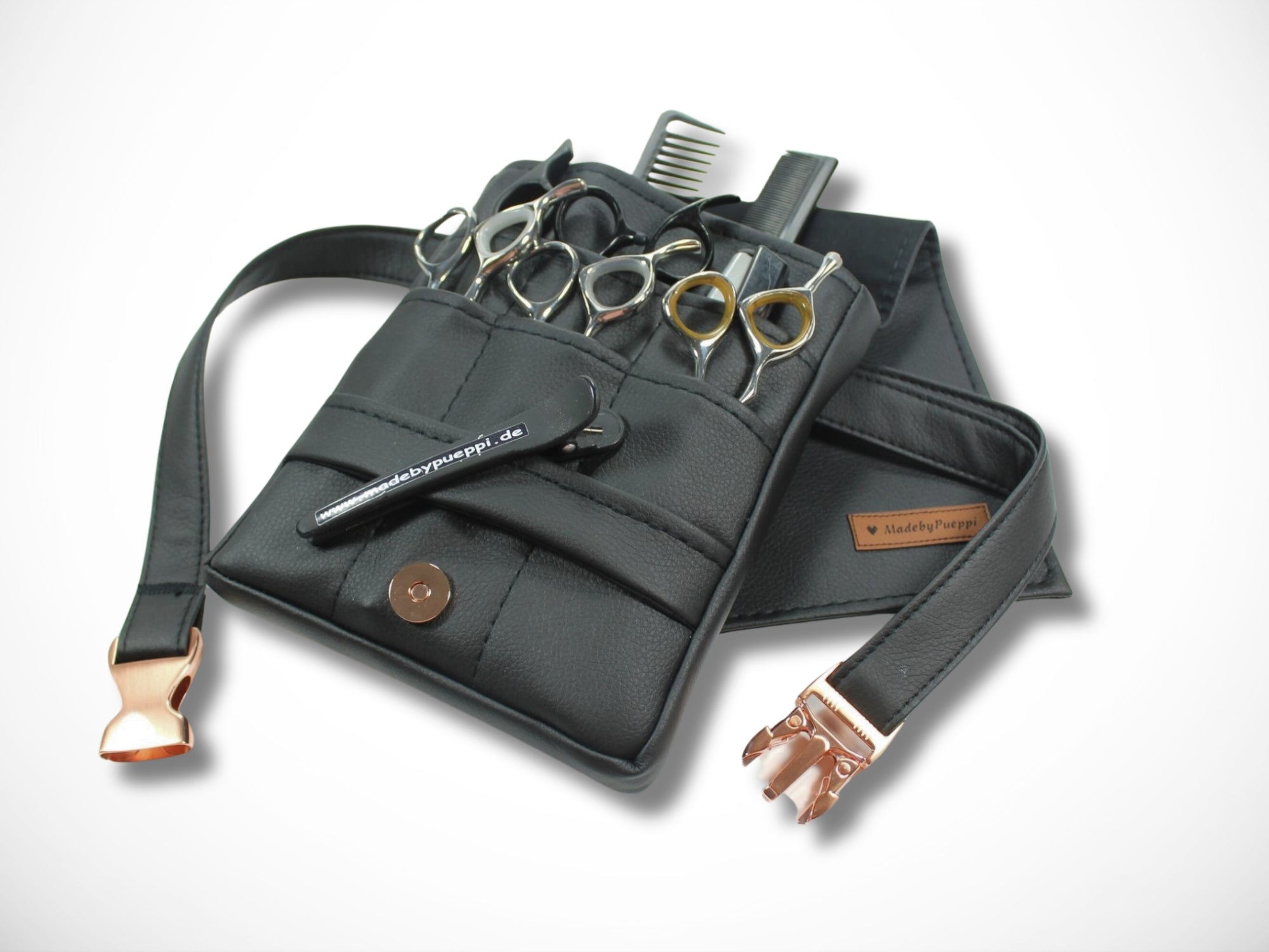 Elegante Friseurtasche aus schwarzem Kunstleder Scherentasche für Friseur Werkzeugtasche mit Metallsteckschnalle