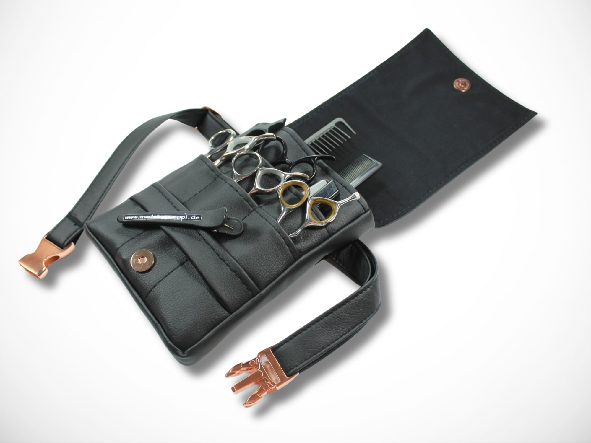 Elegante Friseurtasche aus schwarzem Kunstleder Scherentasche für Friseur Werkzeugtasche mit Metallsteckschnalle