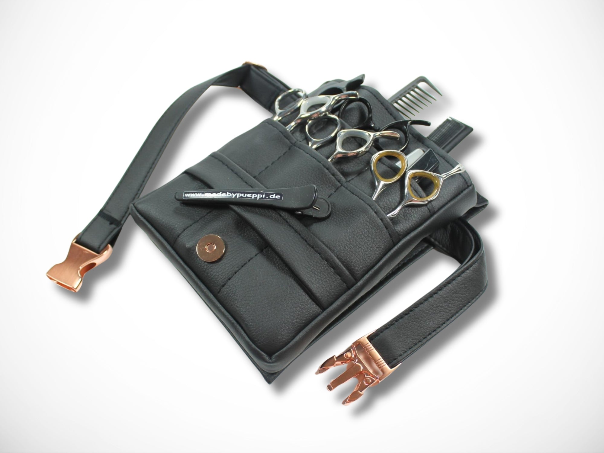 Elegante Friseurtasche aus schwarzem Kunstleder Scherentasche für Friseur Werkzeugtasche mit Metallsteckschnalle