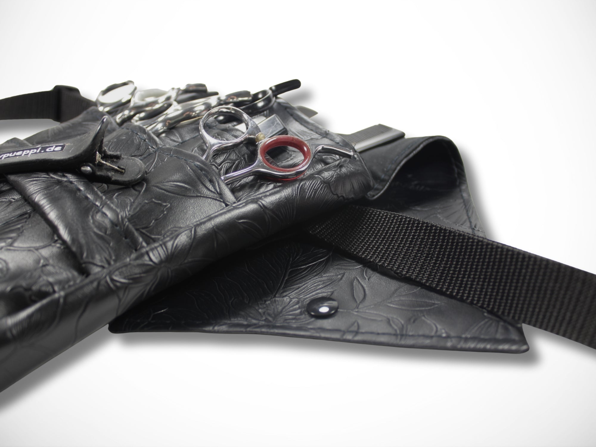 Friseur Werkzeugtasche Scherentasche für Friseurin im Friseursalon aus schwarzem Kunstleder mit geprägten Blumen