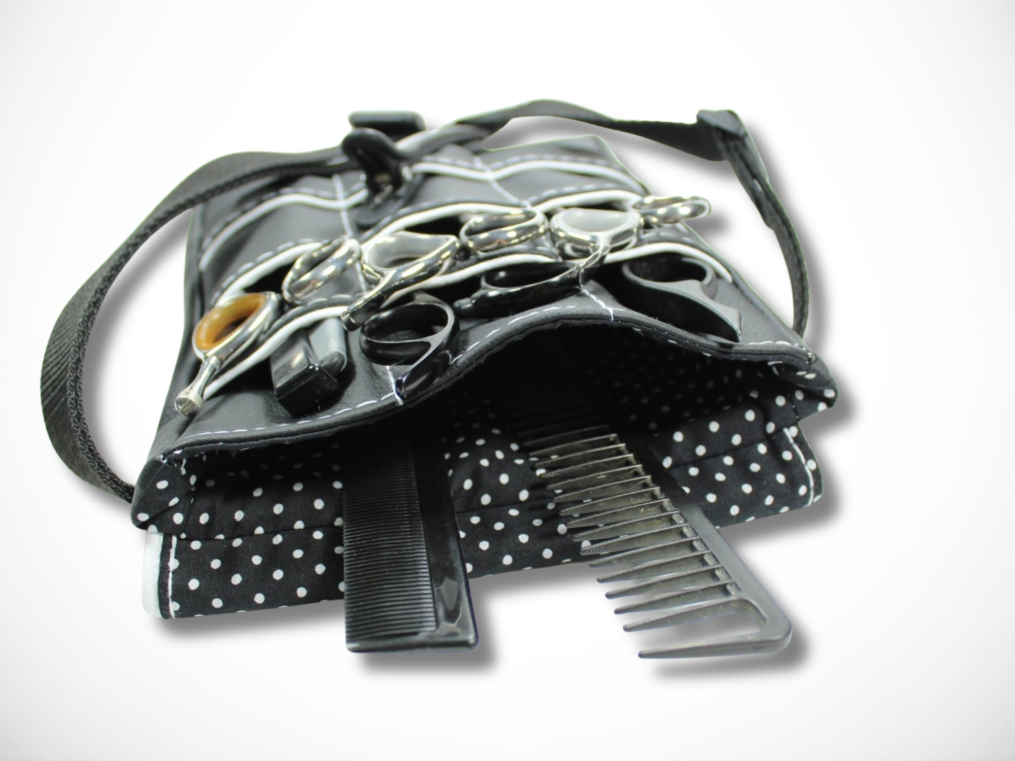 Friseur Scherentasche aus schwarzem Kunstleder mit weißem Highlight Gürteltasche für Friseurscheren