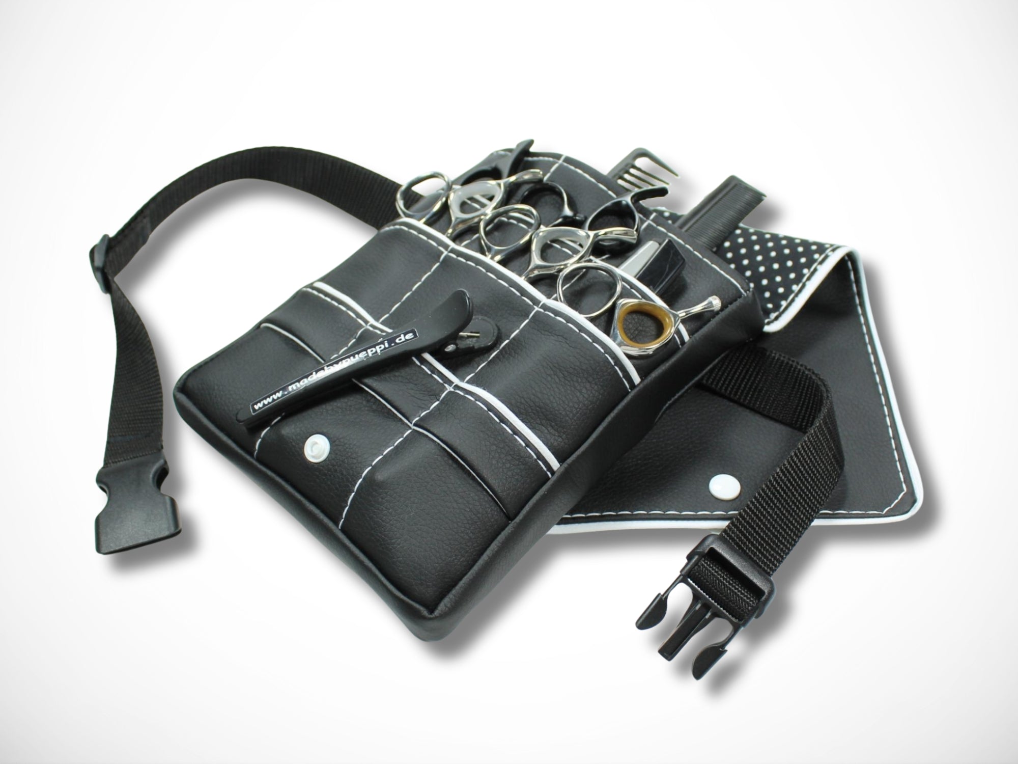 Friseur Scherentasche aus schwarzem Kunstleder mit weißem Highlight Gürteltasche für Friseurscheren