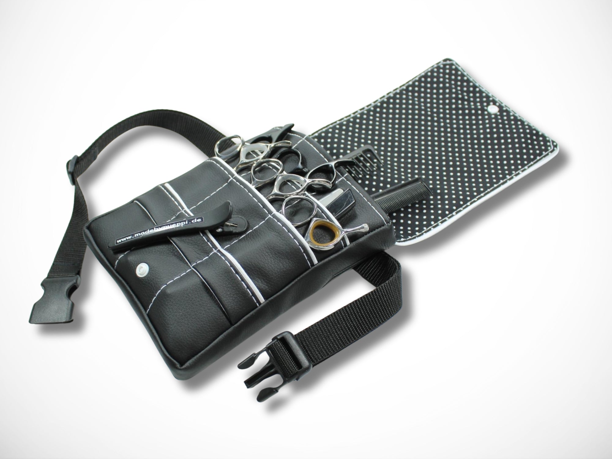 Friseur Scherentasche aus schwarzem Kunstleder mit weißem Highlight Gürteltasche für Friseurscheren