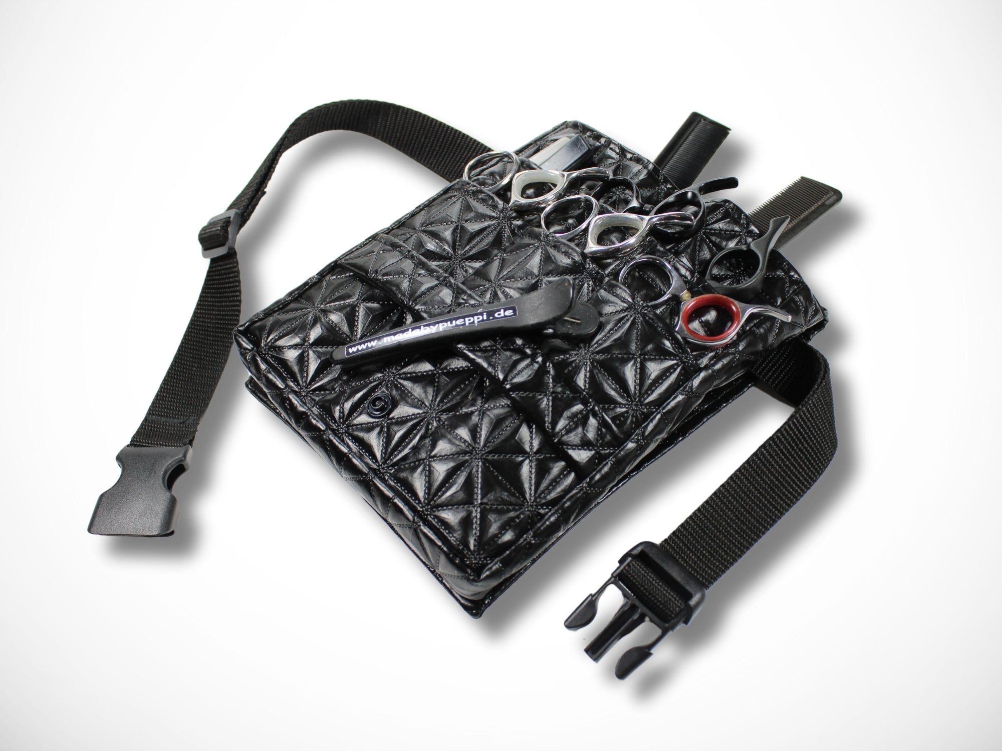 Schwarze Friseur Werkzeugtasche aus geprägtem Kunstleder für Friseurscheren im Friseursalon