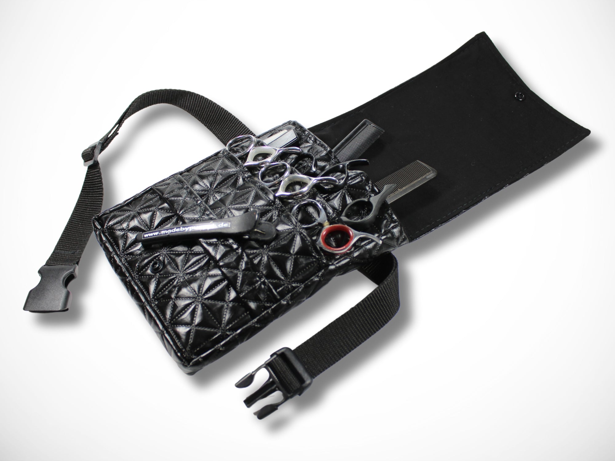 Schwarze Friseur Werkzeugtasche aus geprägtem Kunstleder für Friseurscheren im Friseursalon