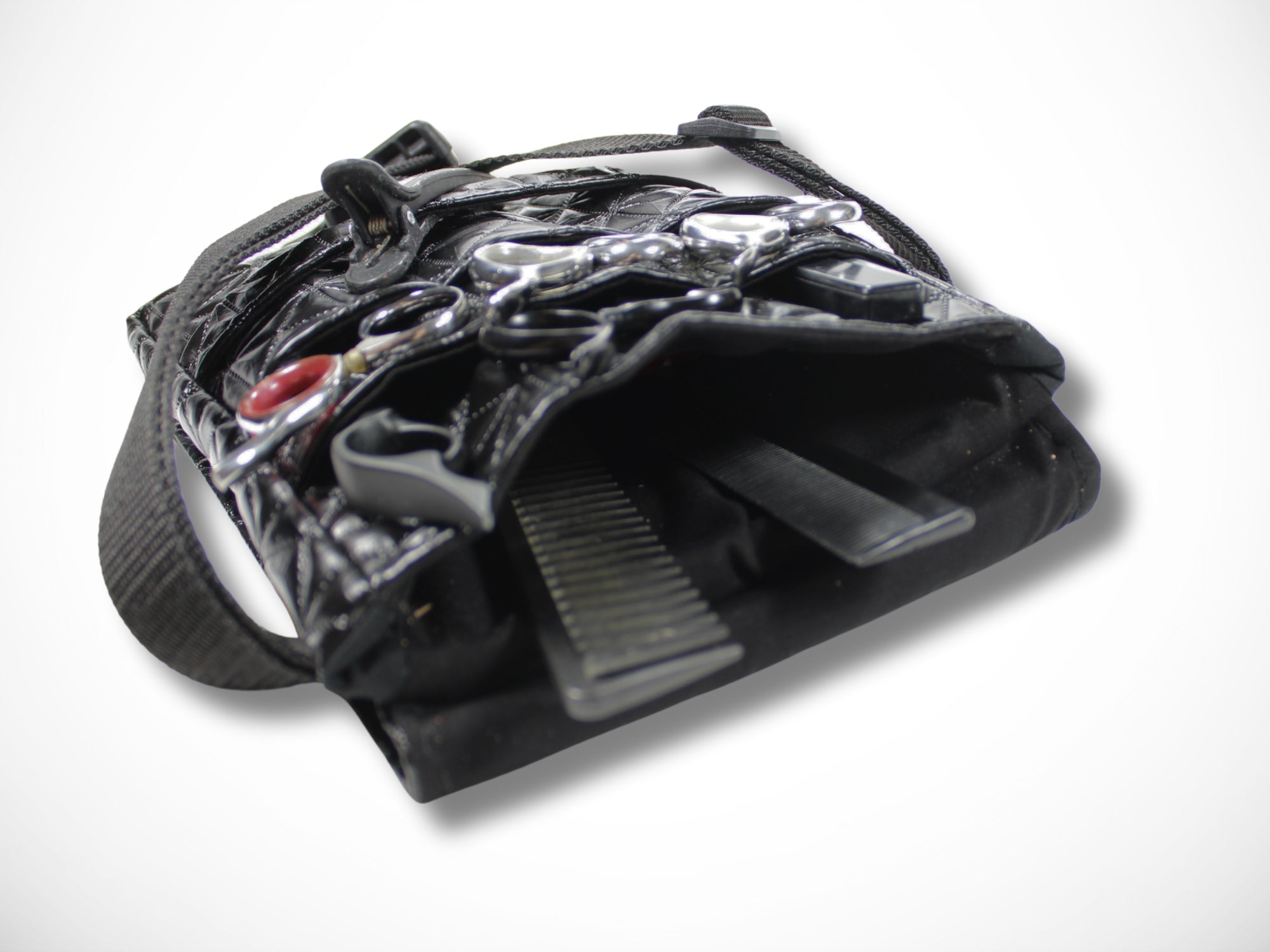 Schwarze Friseur Werkzeugtasche aus geprägtem Kunstleder für Friseurscheren im Friseursalon