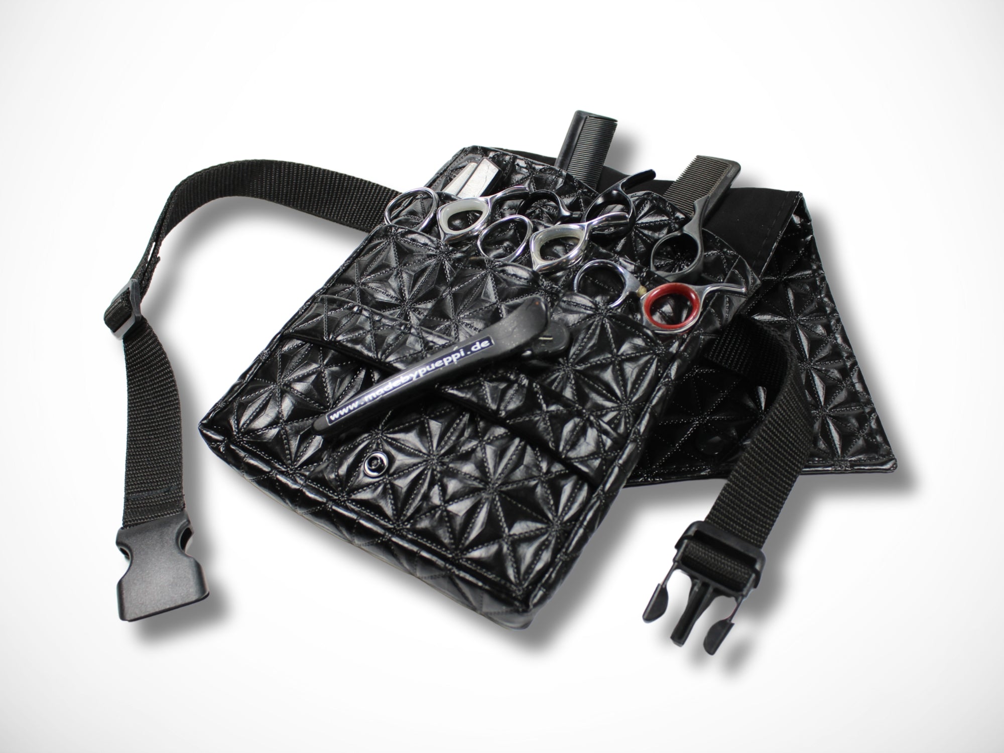 Schwarze Friseur Werkzeugtasche aus geprägtem Kunstleder für Friseurscheren im Friseursalon