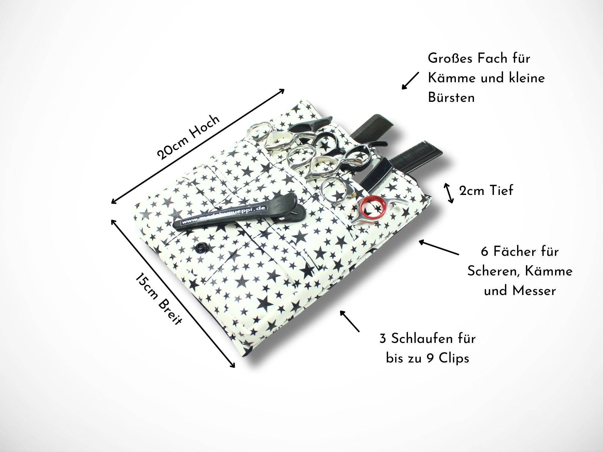 Friseurtasche Kunstleder Sterne Weiß Schwarz für Friseurscheren im Friseursalon