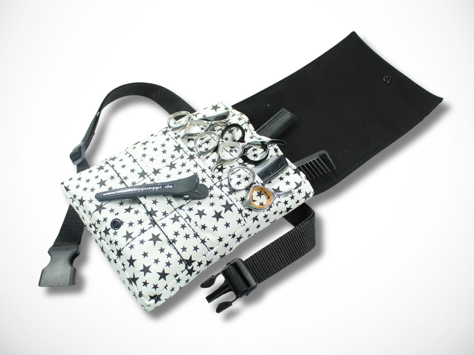Friseurtasche Kunstleder Sterne Weiß Schwarz für Friseurscheren im Friseursalon