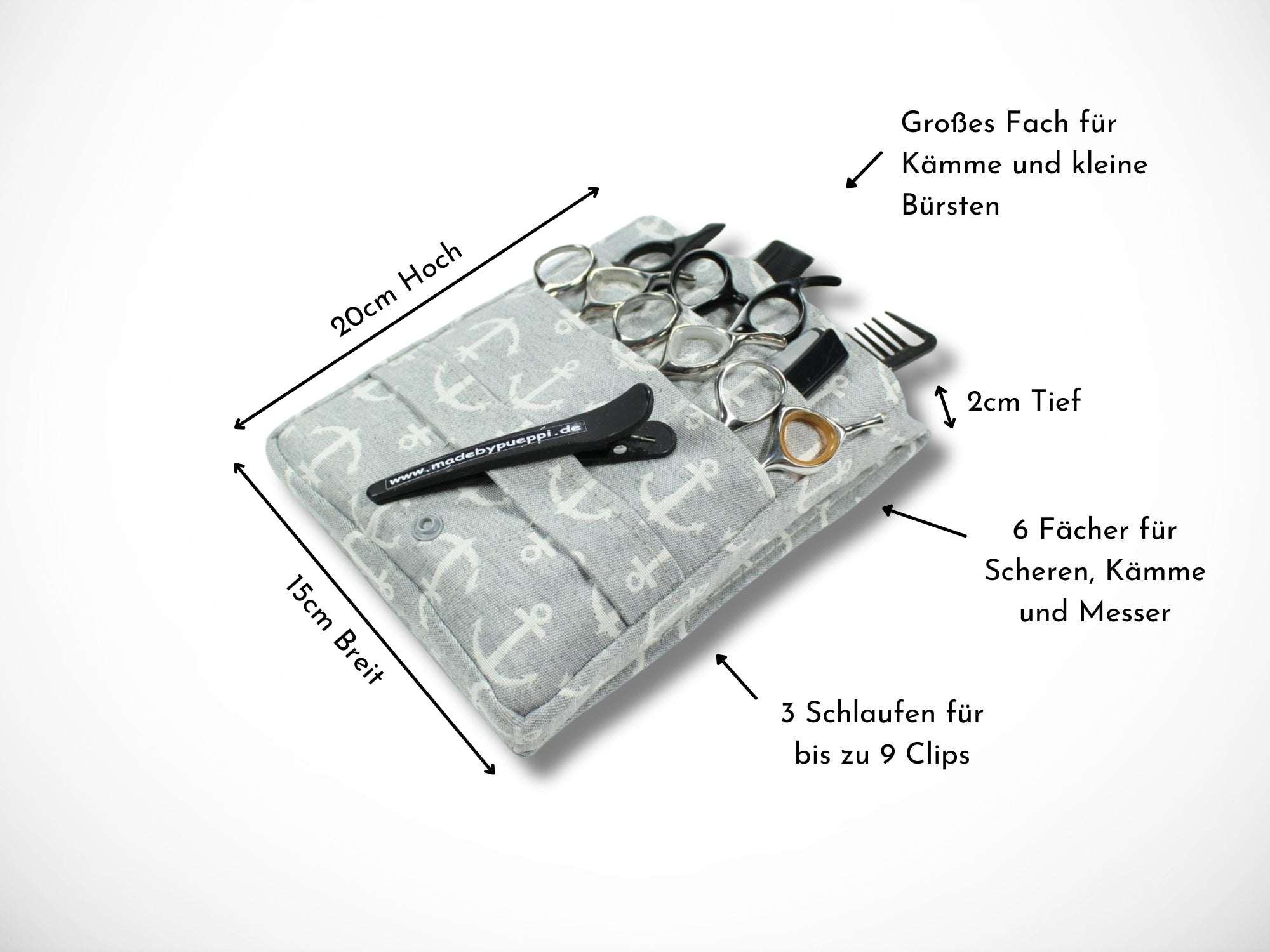 Friseur Scherentasche aus Baumwolle mit Anker in grau Werkzeugtasche für Friseurin und Friseurwerkzeug
