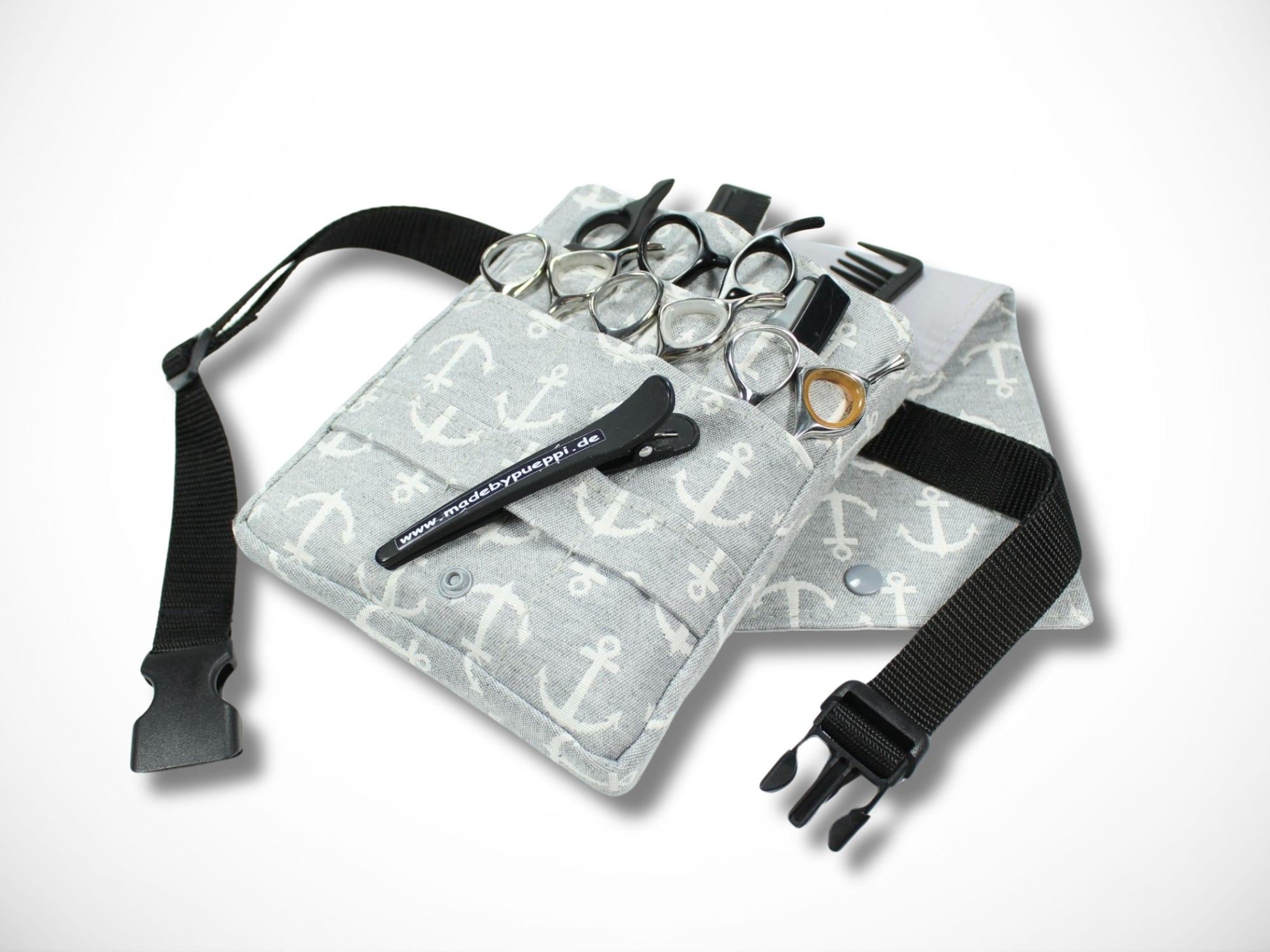 Friseur Scherentasche aus Baumwolle mit Anker in grau Werkzeugtasche für Friseurin und Friseurwerkzeug