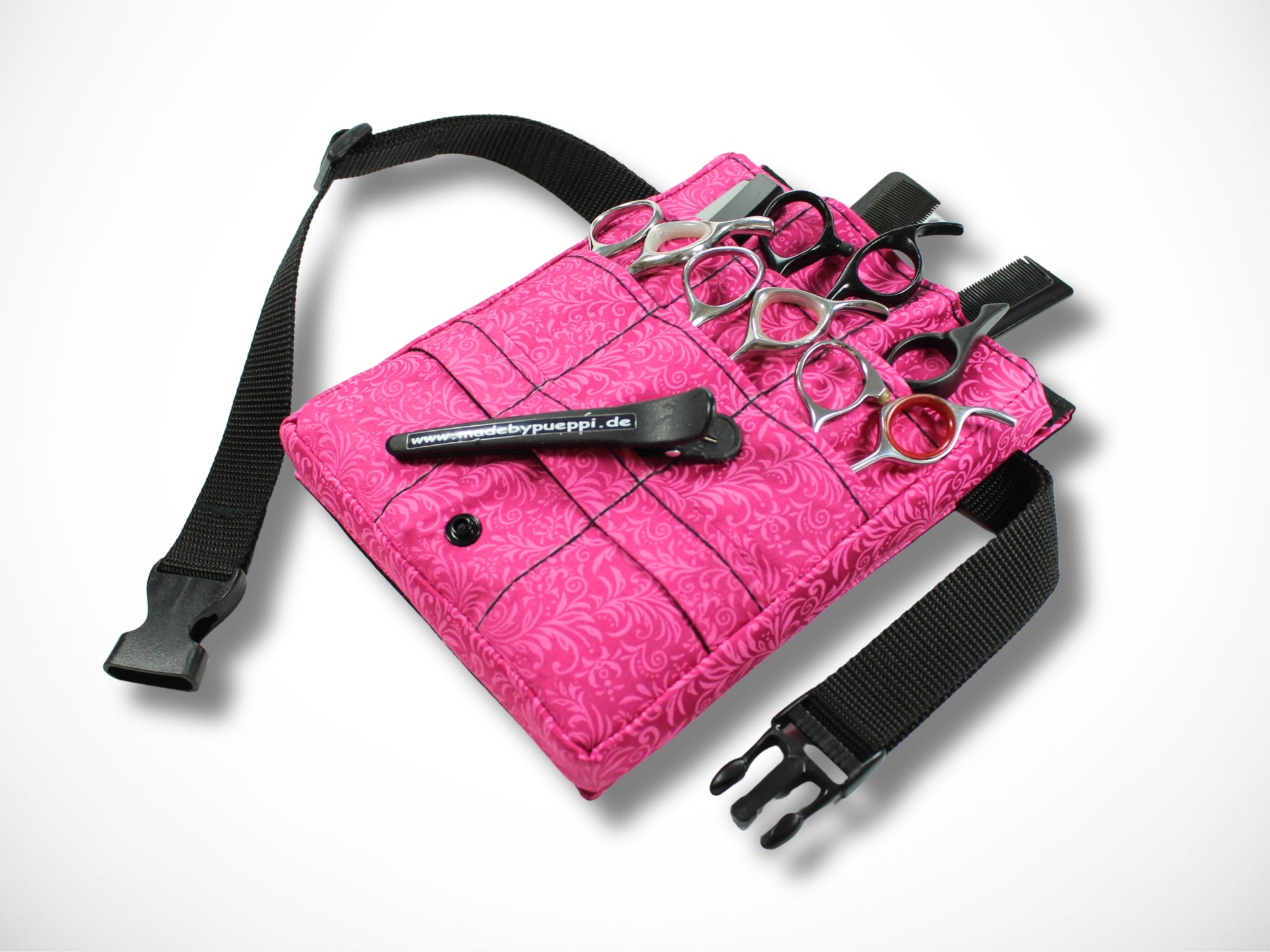 Pinke Friseurwerkzeugtasche aus Baumwolle mit Tribale Motiven für Friseurscheren im Friseursalon