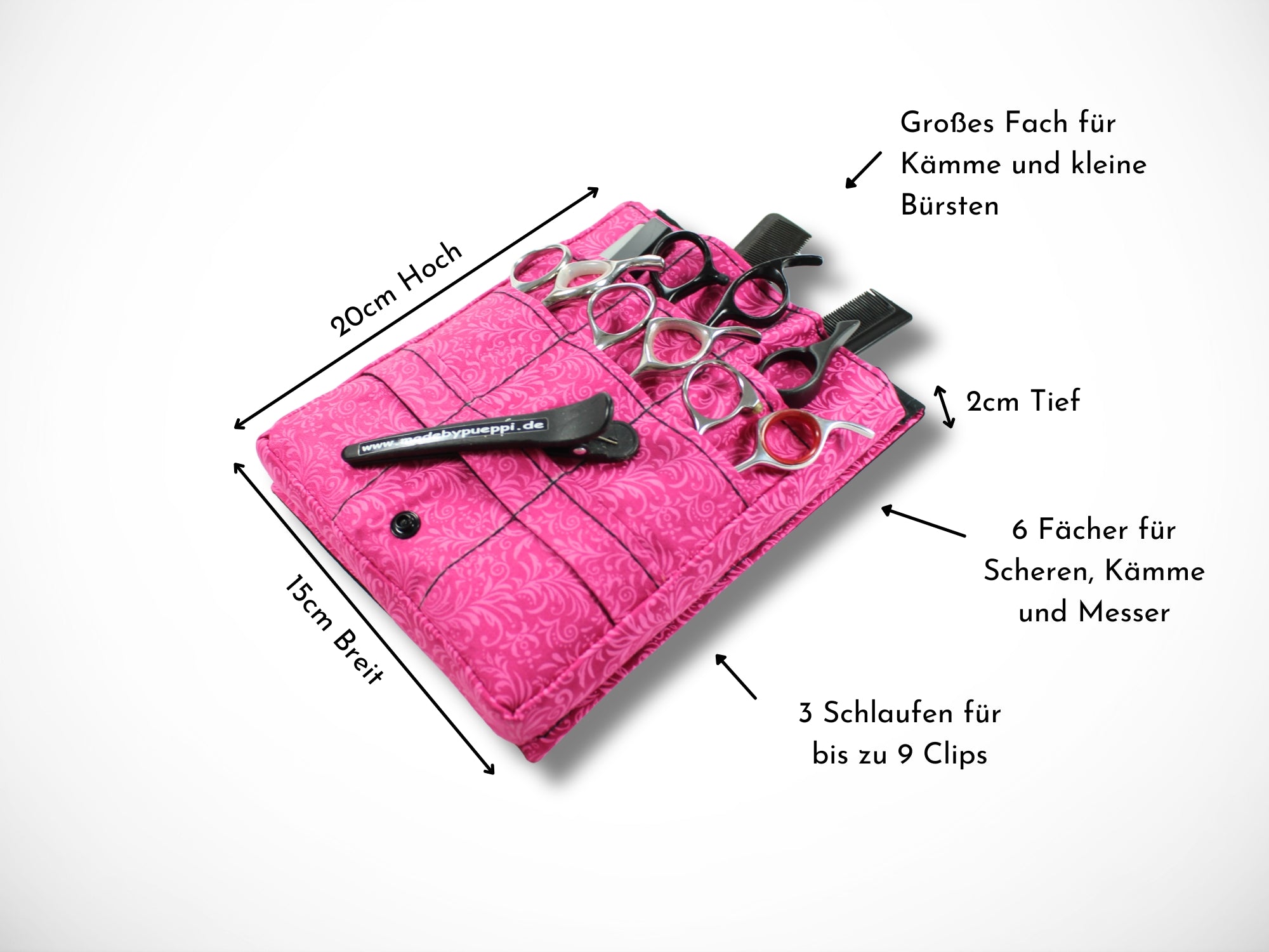 Pinke Friseurwerkzeugtasche aus Baumwolle mit Tribale Motiven für Friseurscheren im Friseursalon