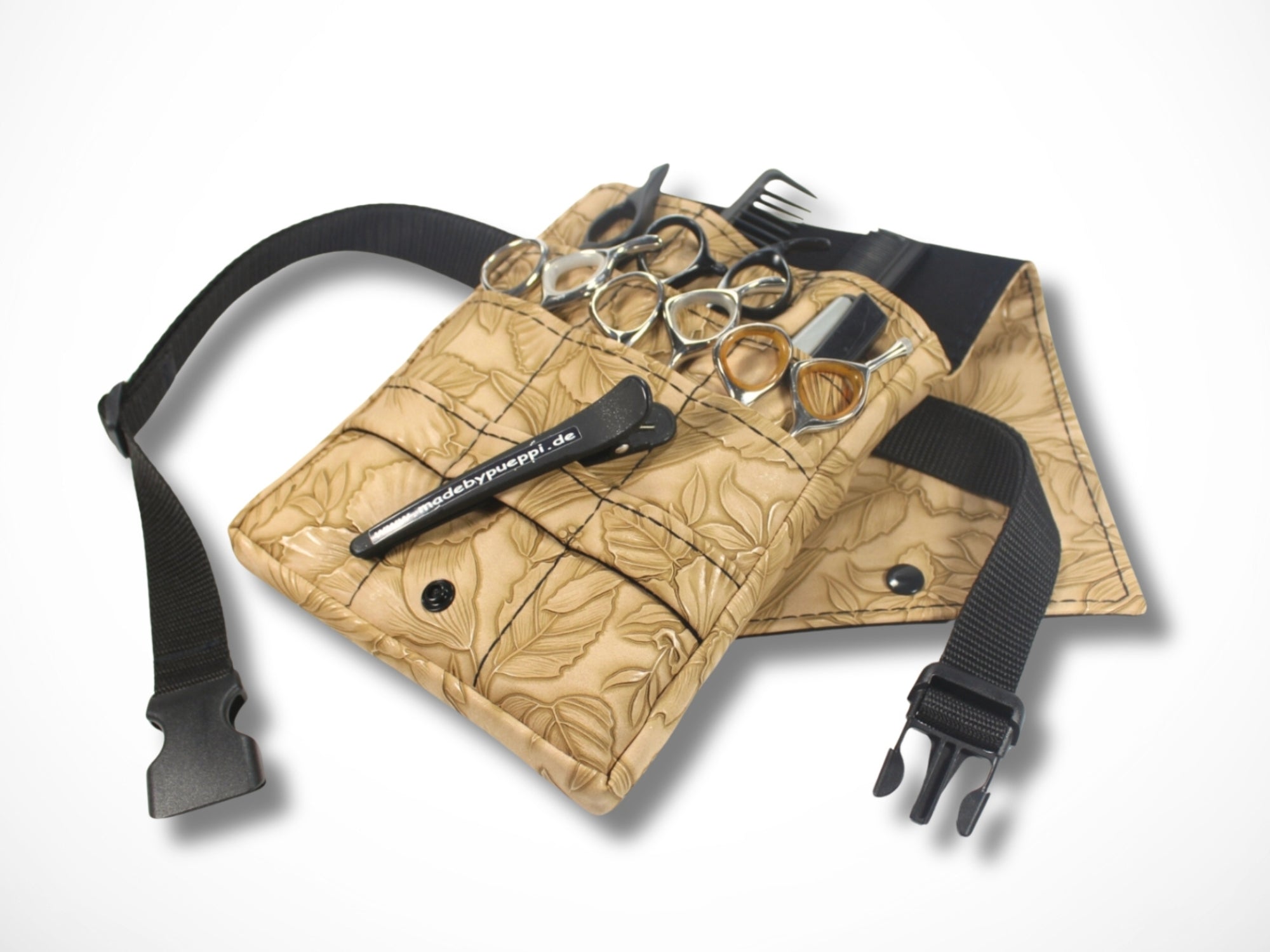 Friseur Scherentasche Blumen Kunstleder hellbraun Gürteltasche für Friseurin und Friseurwerkzeug im Friseursalon