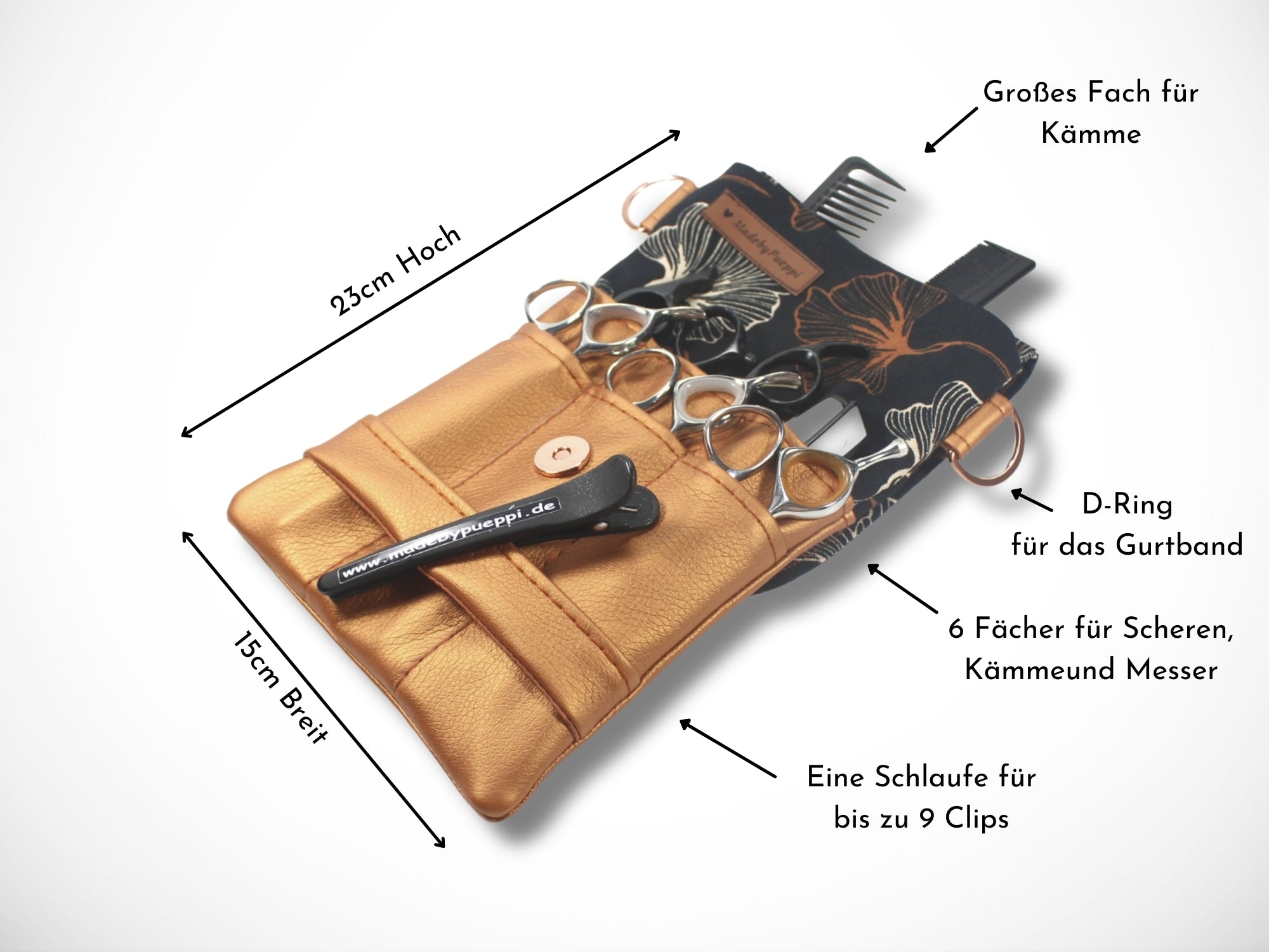 Elegante Scherentasche für Friseurin in Kupfer für Friseurwerkzeug als Gürteltasche oder zum Umhängen