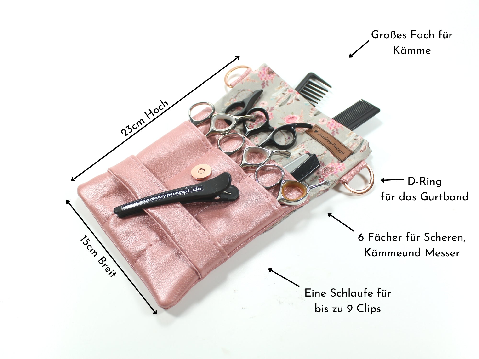 Elegante Friseur Scherentasche mit Blumen aus Baumwolle und Kunstleder in rosa zum umhängen oder als Gürteltasche