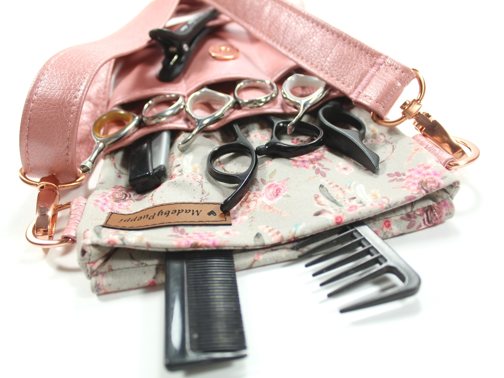 Elegante Friseur Scherentasche mit Blumen aus Baumwolle und Kunstleder in rosa zum umhängen oder als Gürteltasche