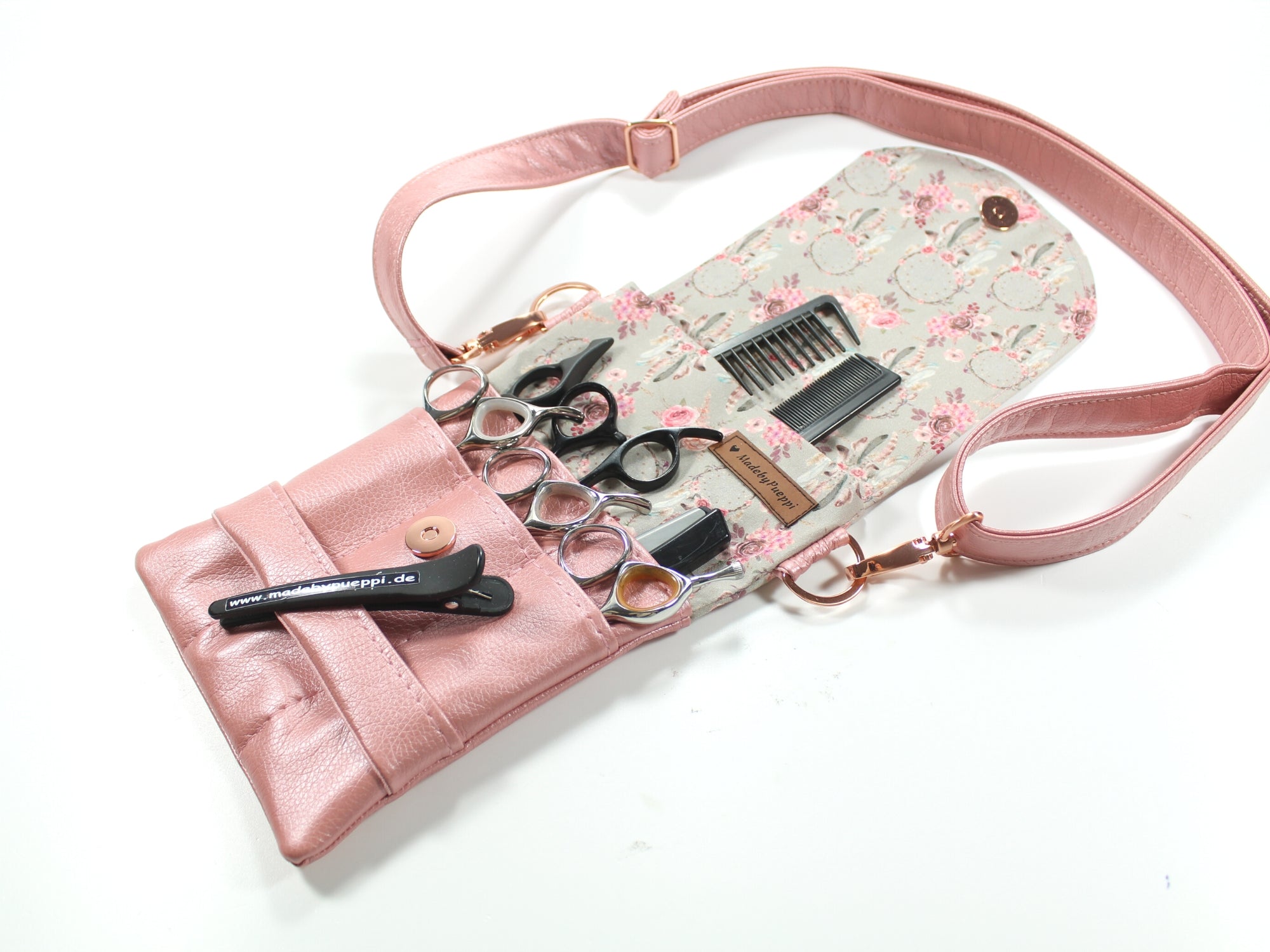 Elegante Friseur Scherentasche mit Blumen aus Baumwolle und Kunstleder in rosa zum umhängen oder als Gürteltasche