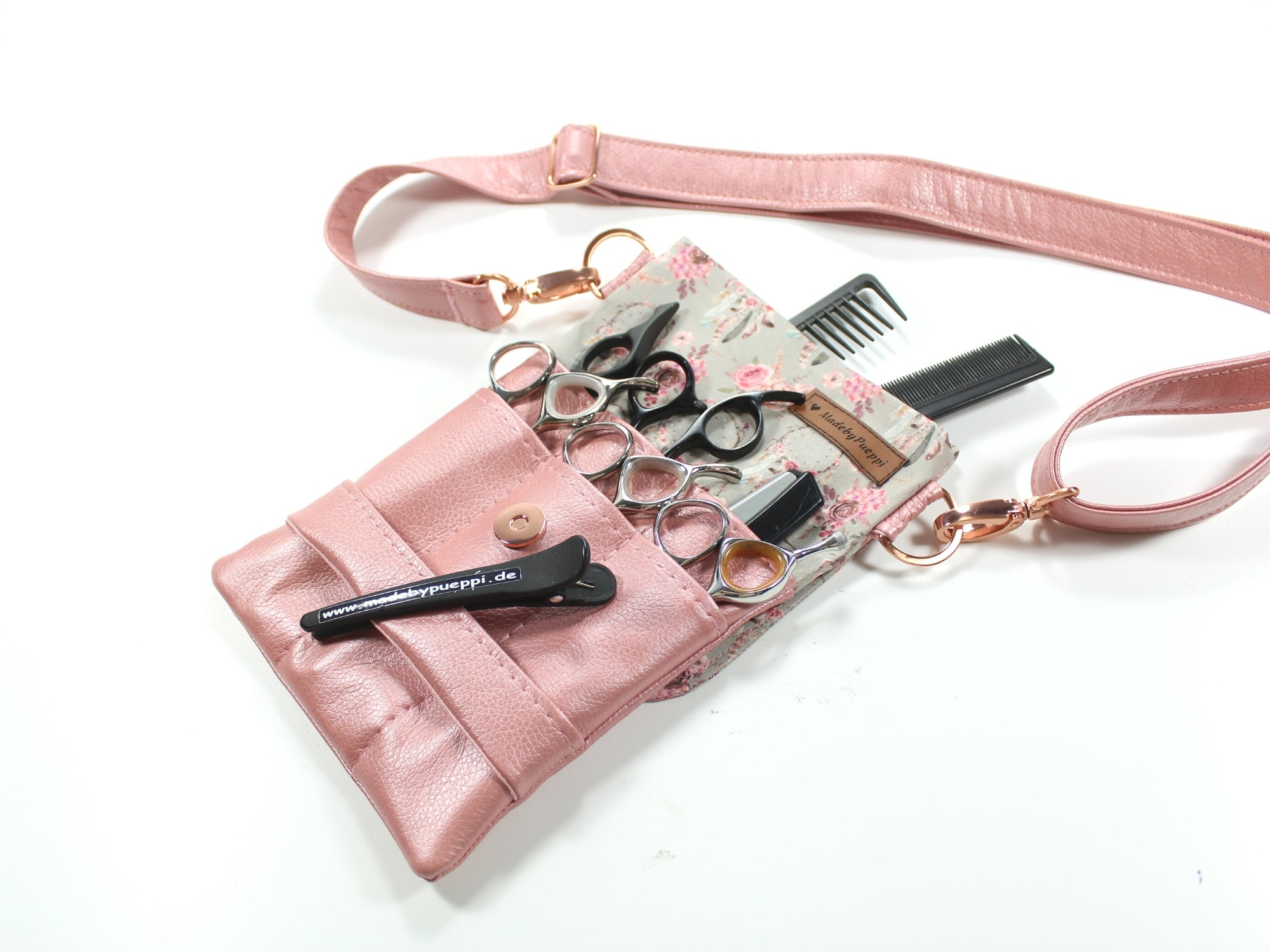 Elegante Friseur Scherentasche mit Blumen aus Baumwolle und Kunstleder in rosa zum umhängen oder als Gürteltasche