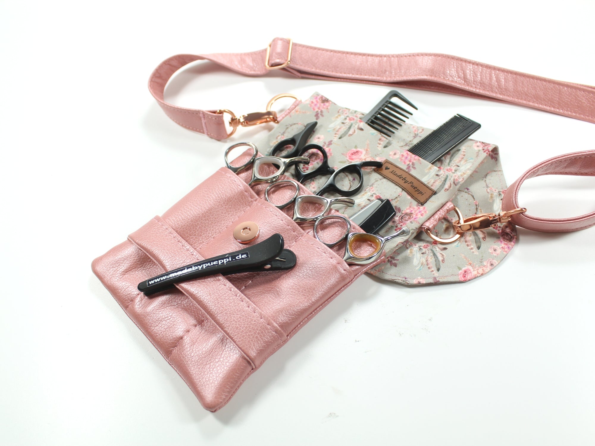 Elegante Friseur Scherentasche mit Blumen aus Baumwolle und Kunstleder in rosa zum umhängen oder als Gürteltasche