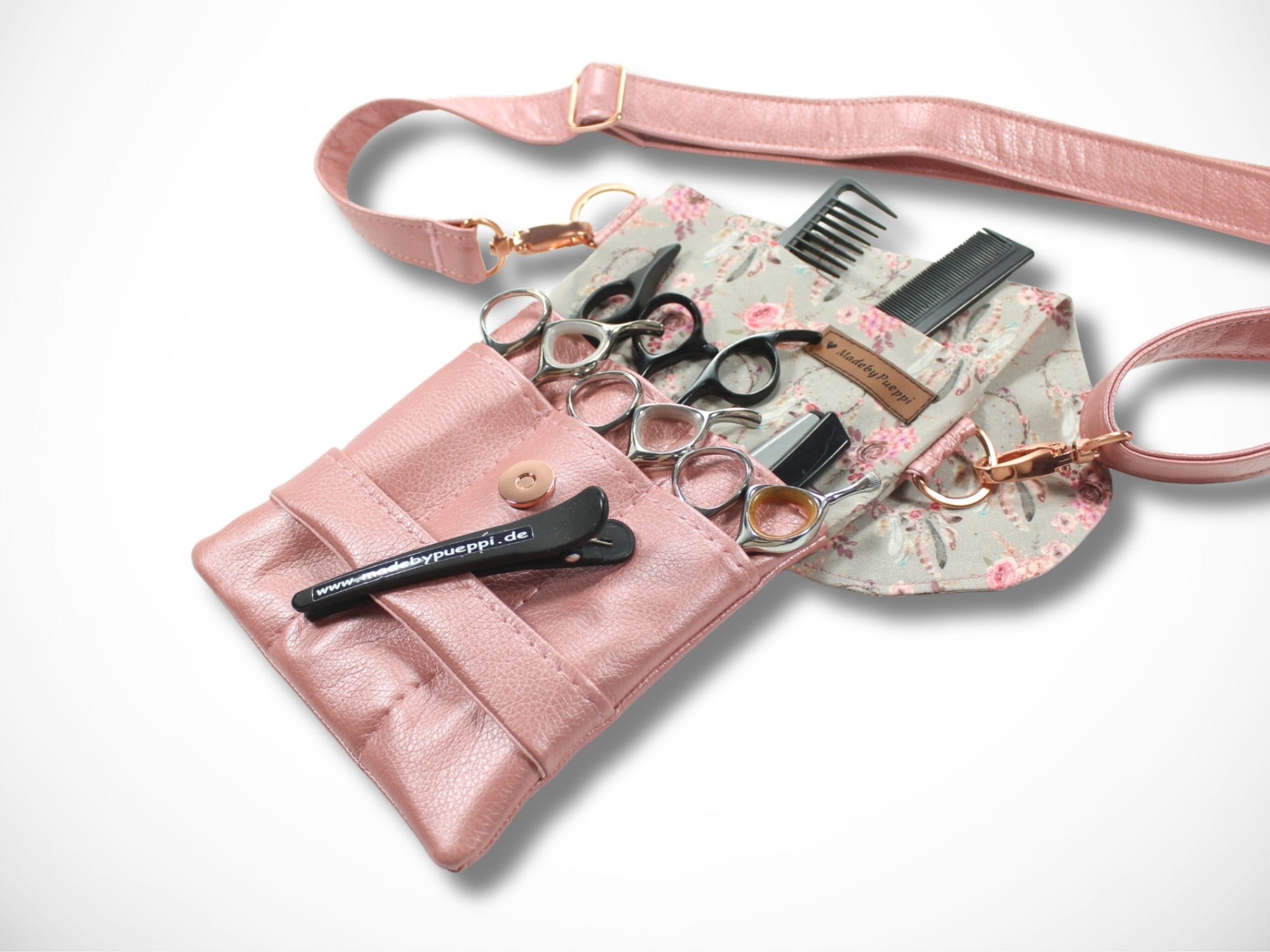 Elegante Friseur Scherentasche mit Blumen aus Baumwolle und Kunstleder in rosa zum umhängen oder als Gürteltasche