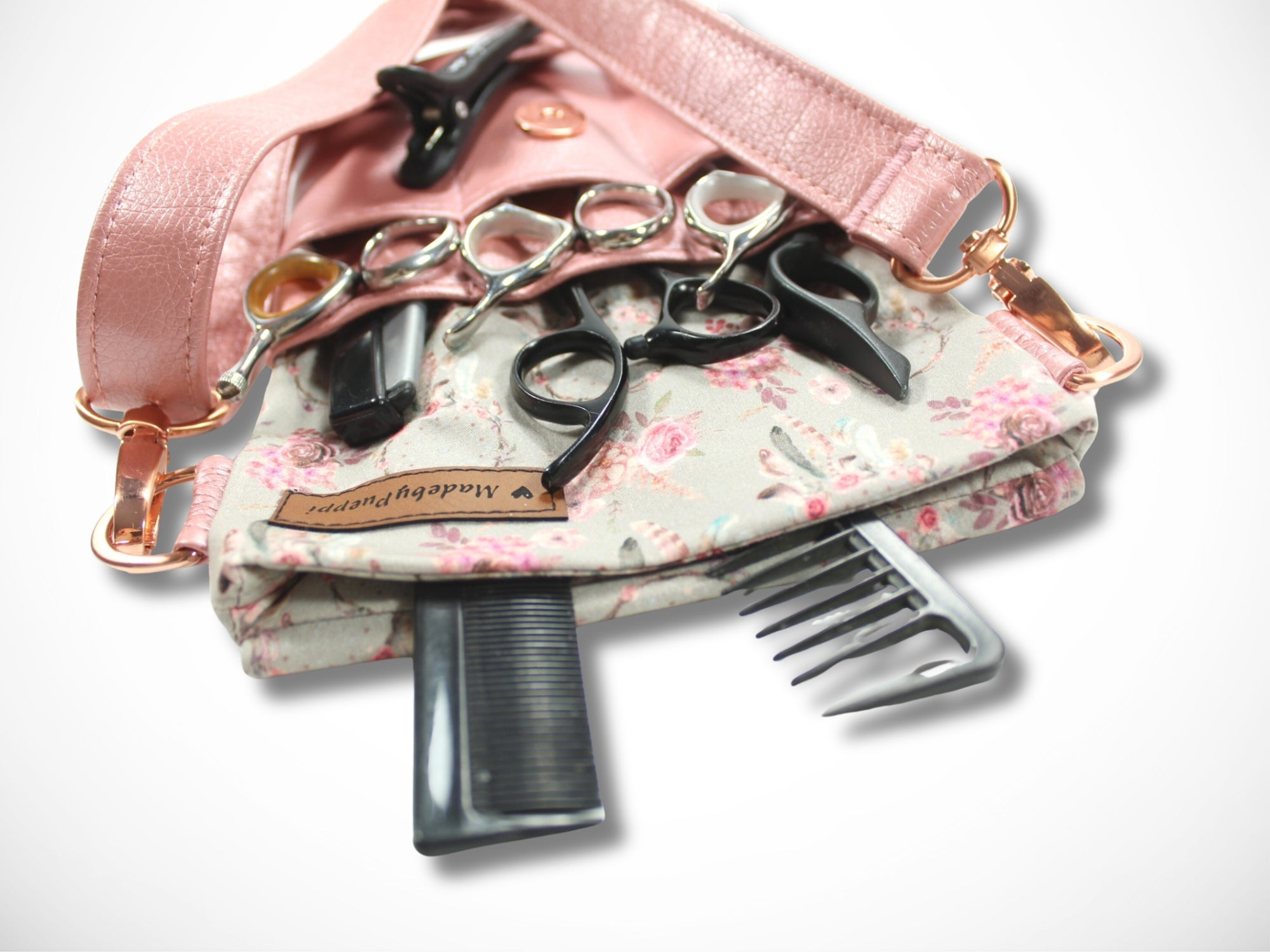 Elegante Friseur Scherentasche mit Blumen aus Baumwolle und Kunstleder in rosa zum umhängen oder als Gürteltasche