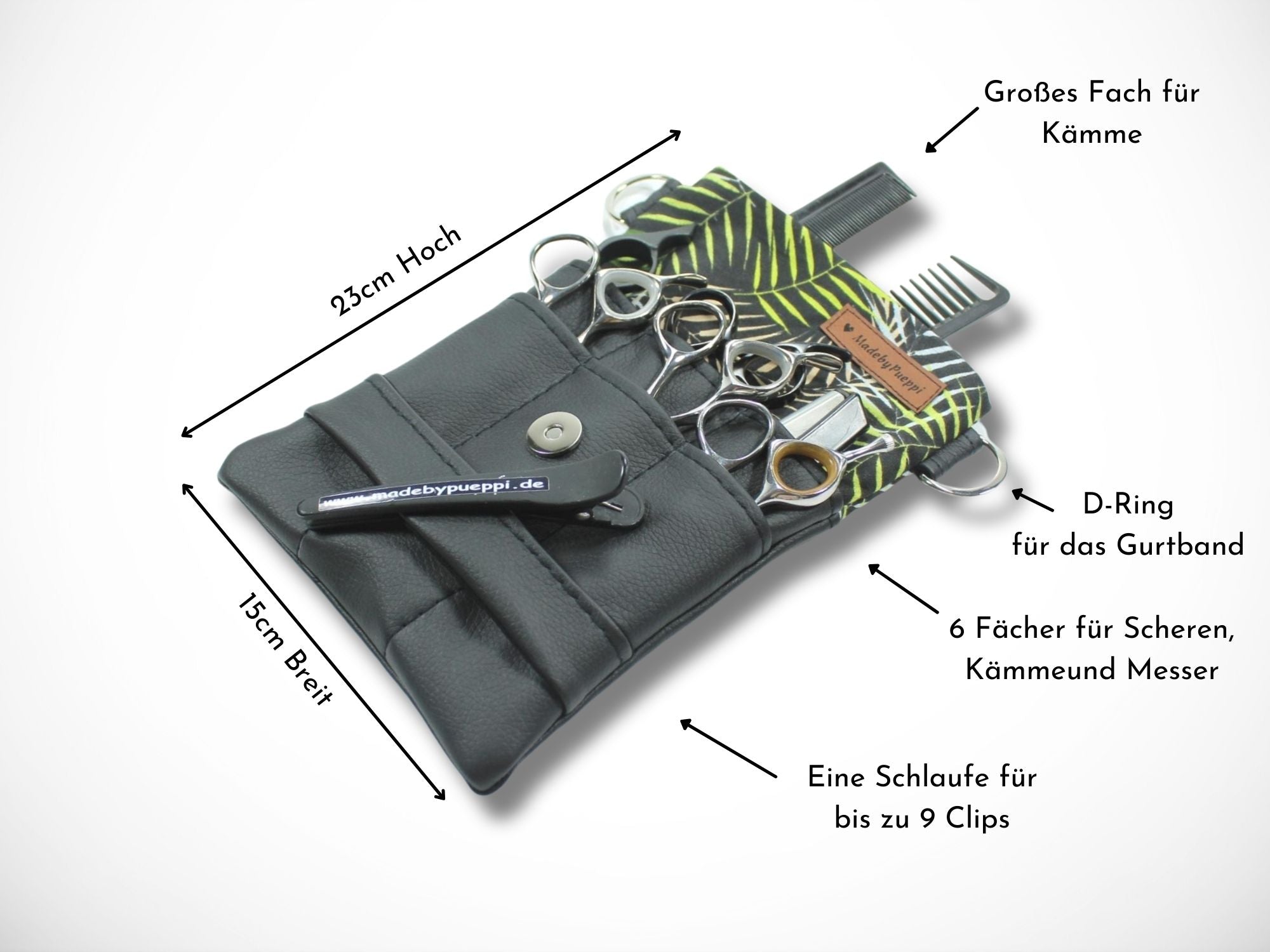 Elegante Scherentasche Schwarz und grün für Friseurin als Gürteltasche oder zum Umhängen für Friseurwerkzeug