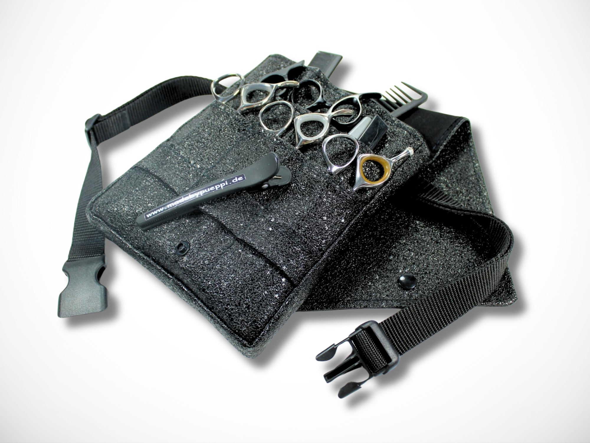Friseur Scherentasche aus Kunstleder in schwarz mit Glitzer Effekt für Friseurwerkzeug Friseurin Friseurschere Scherentasche