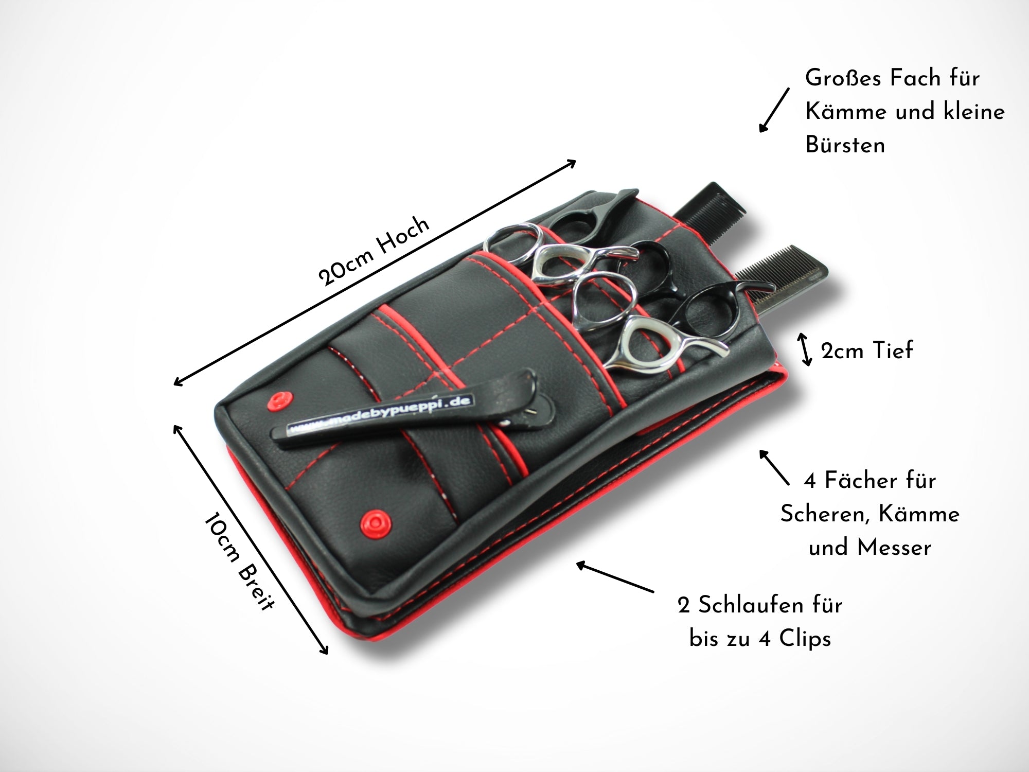 Kleine Scherentasche aus schwarzem Kunstleder mit roter Paspel und rotem Innenstoff für Friseurin Friseurwerkzeug Friseurscheren