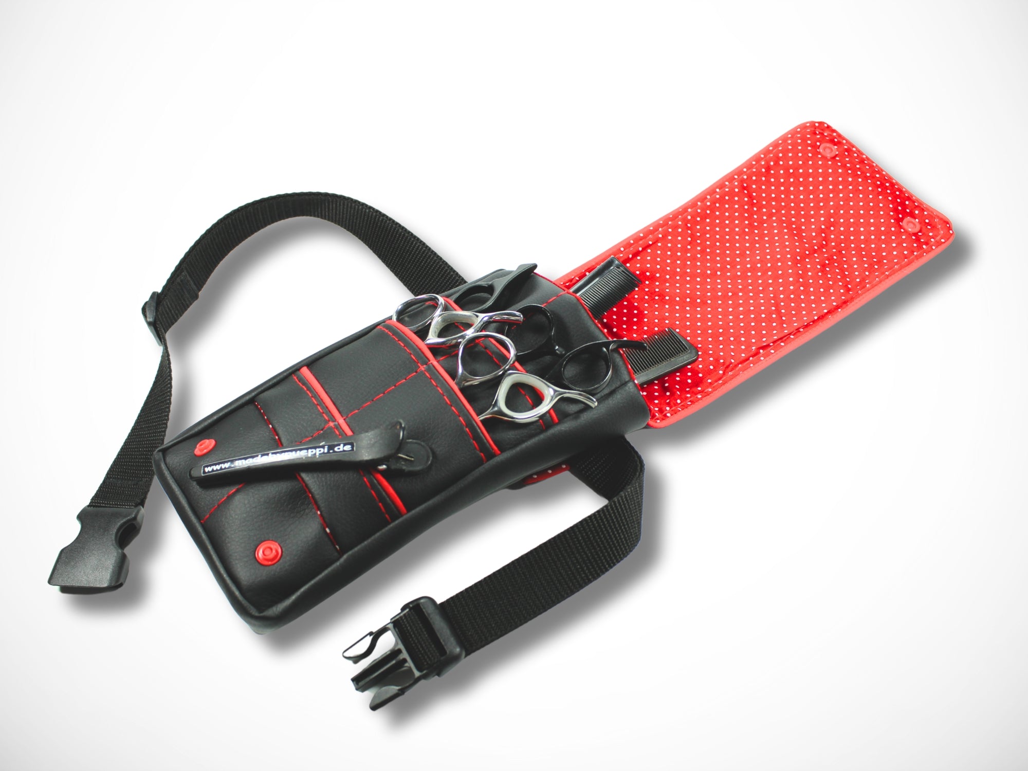 Kleine Scherentasche aus schwarzem Kunstleder mit roter Paspel und rotem Innenstoff für Friseurin Friseurwerkzeug Friseurscheren