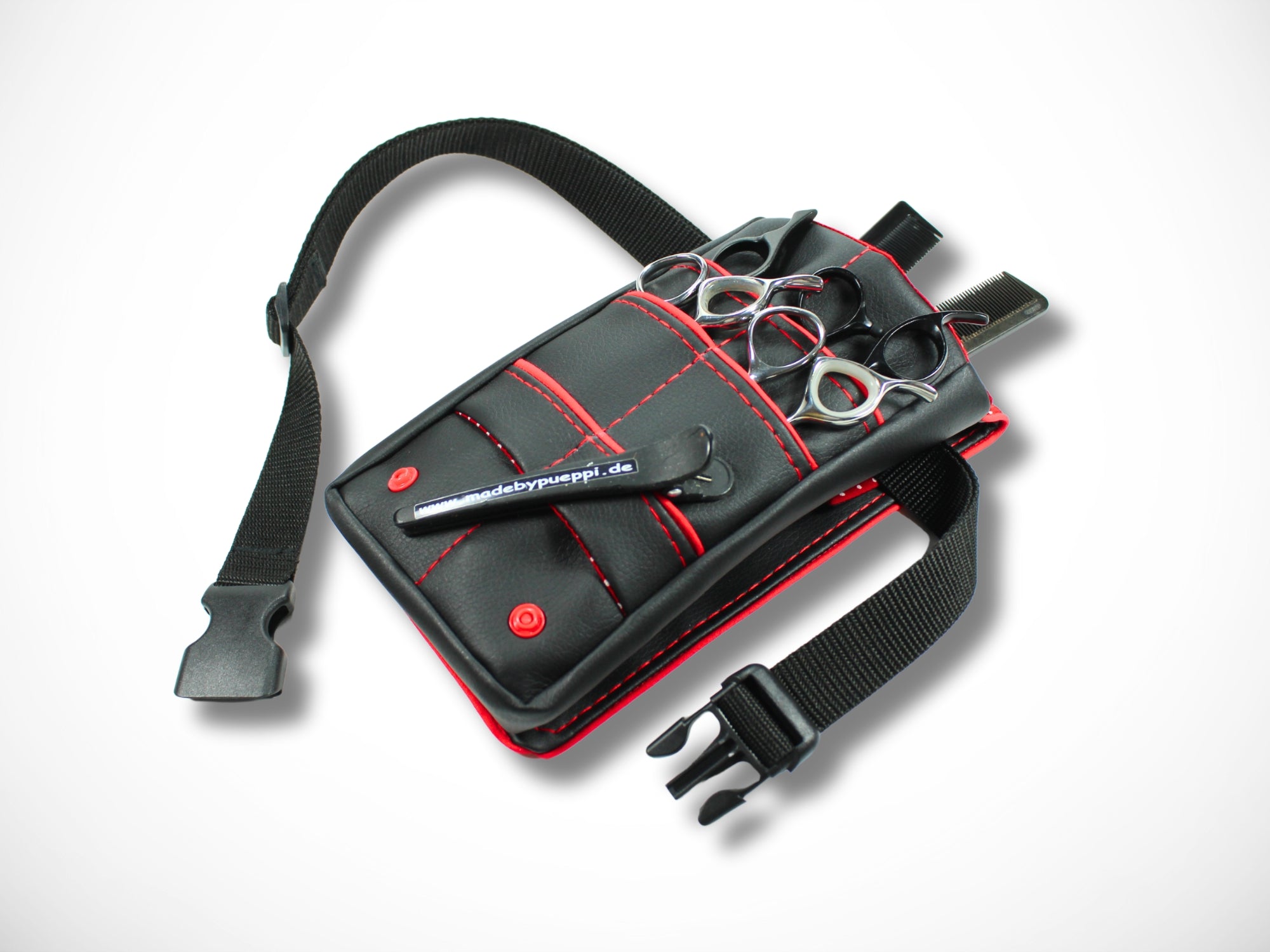 Kleine Scherentasche aus schwarzem Kunstleder mit roter Paspel und rotem Innenstoff für Friseurin Friseurwerkzeug Friseurscheren