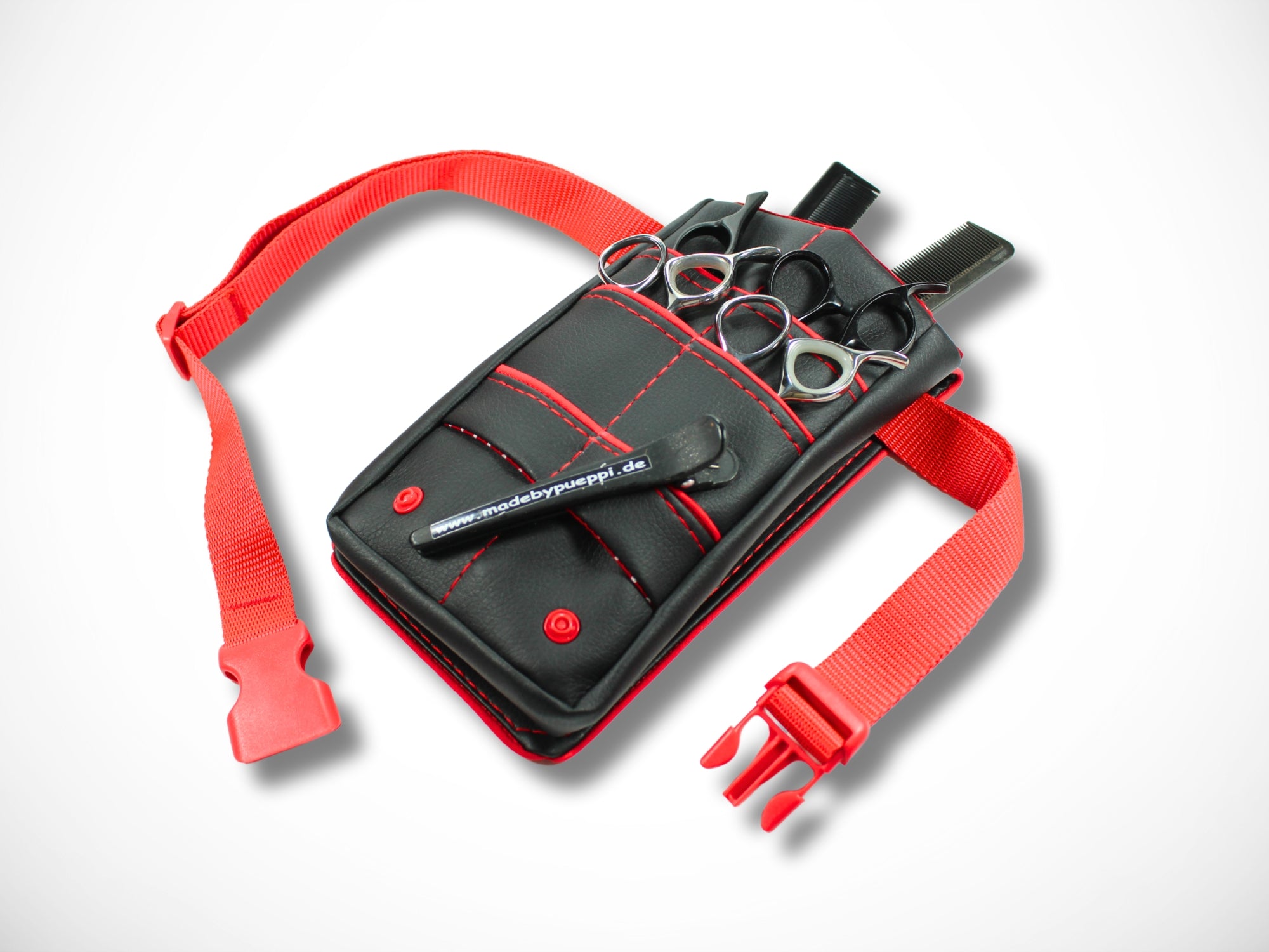 Kleine Scherentasche aus schwarzem Kunstleder mit roter Paspel und rotem Innenstoff für Friseurin Friseurwerkzeug Friseurscheren