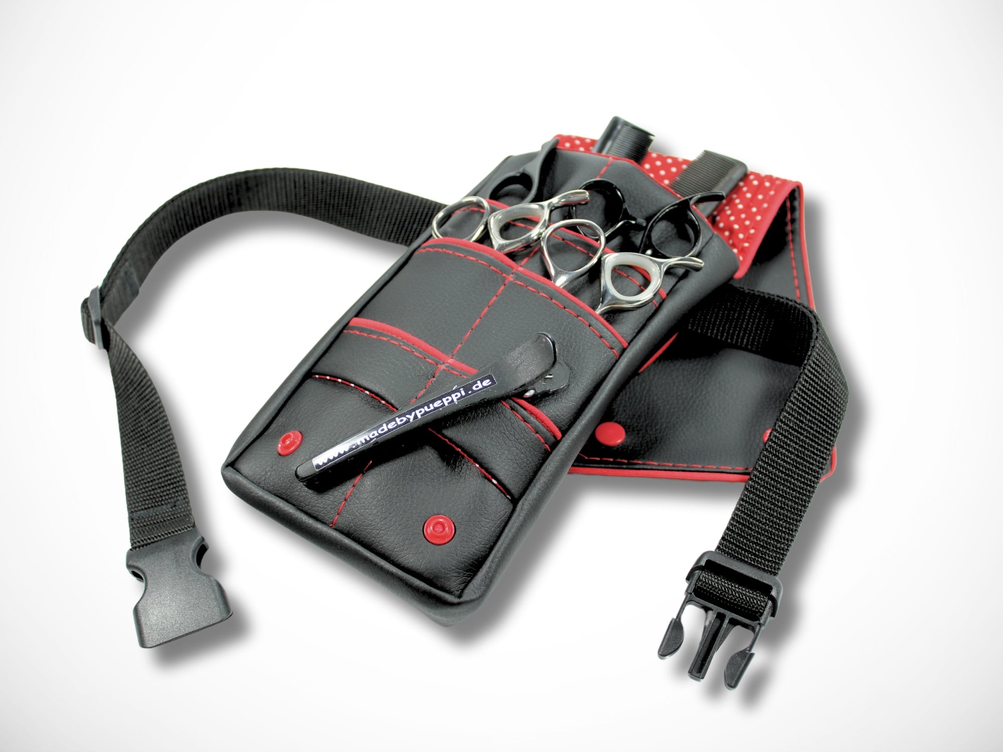 Kleine Scherentasche aus schwarzem Kunstleder mit roter Paspel und rotem Innenstoff für Friseurin Friseurwerkzeug Friseurscheren
