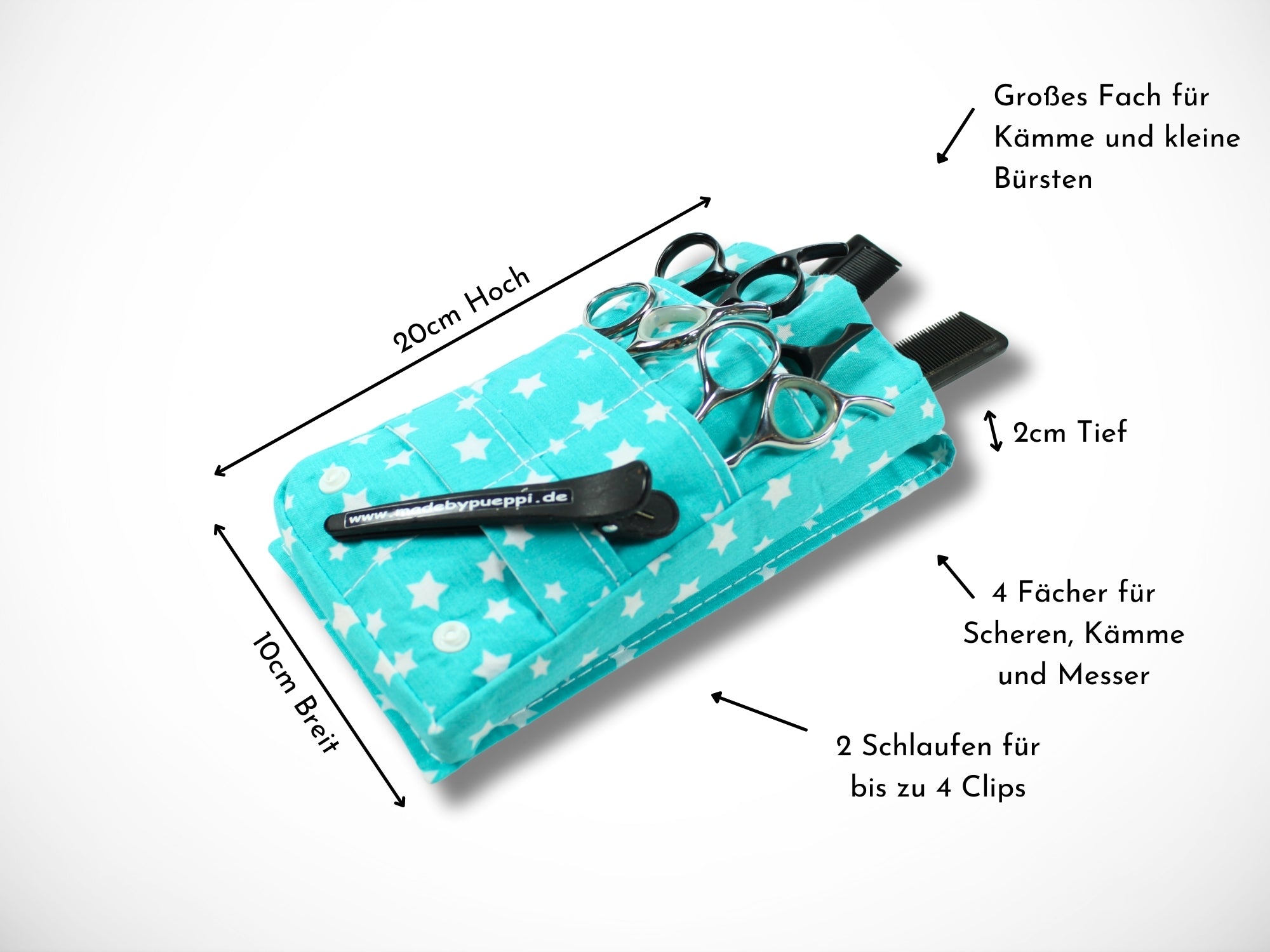 Kleine Scherentasche für Friseurwerkzeug aus verstärkter Baumwolle in türkis mit Sternen für Friseurscheren Friseurin