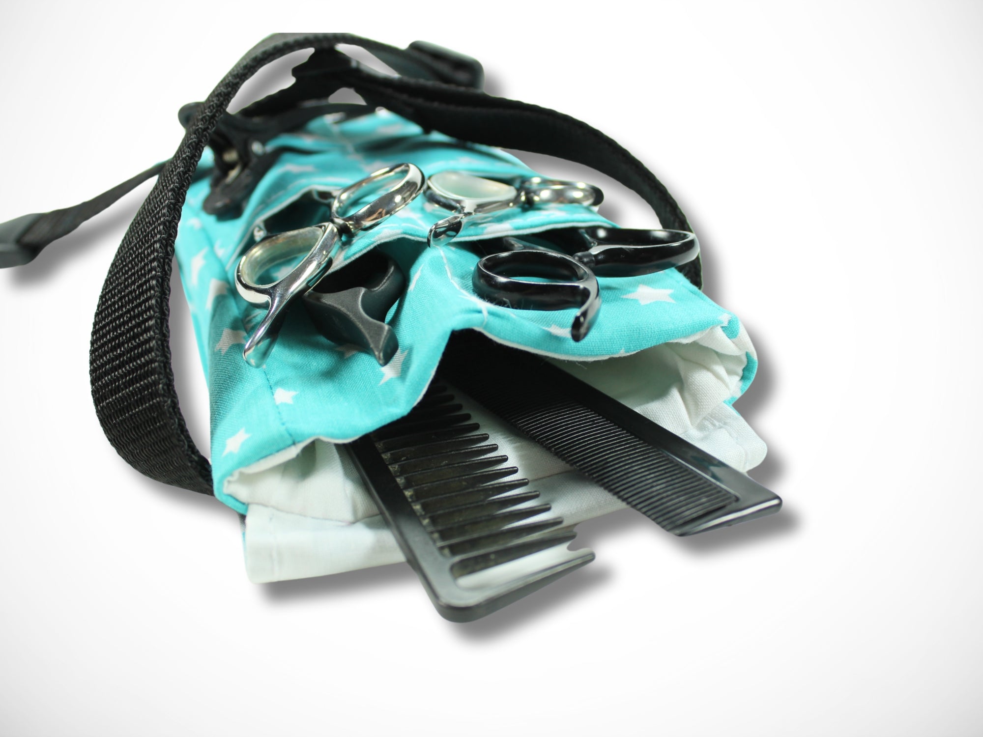 Kleine Scherentasche für Friseurwerkzeug aus verstärkter Baumwolle in türkis mit Sternen für Friseurscheren Friseurin