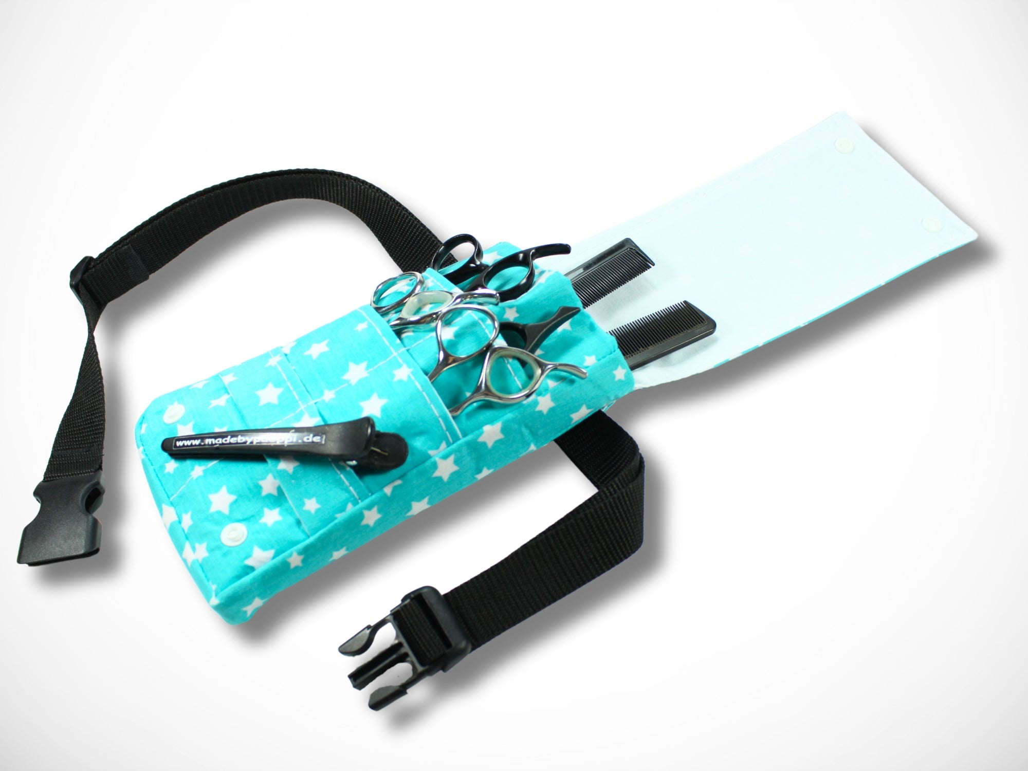 Kleine Scherentasche für Friseurwerkzeug aus verstärkter Baumwolle in türkis mit Sternen für Friseurscheren Friseurin