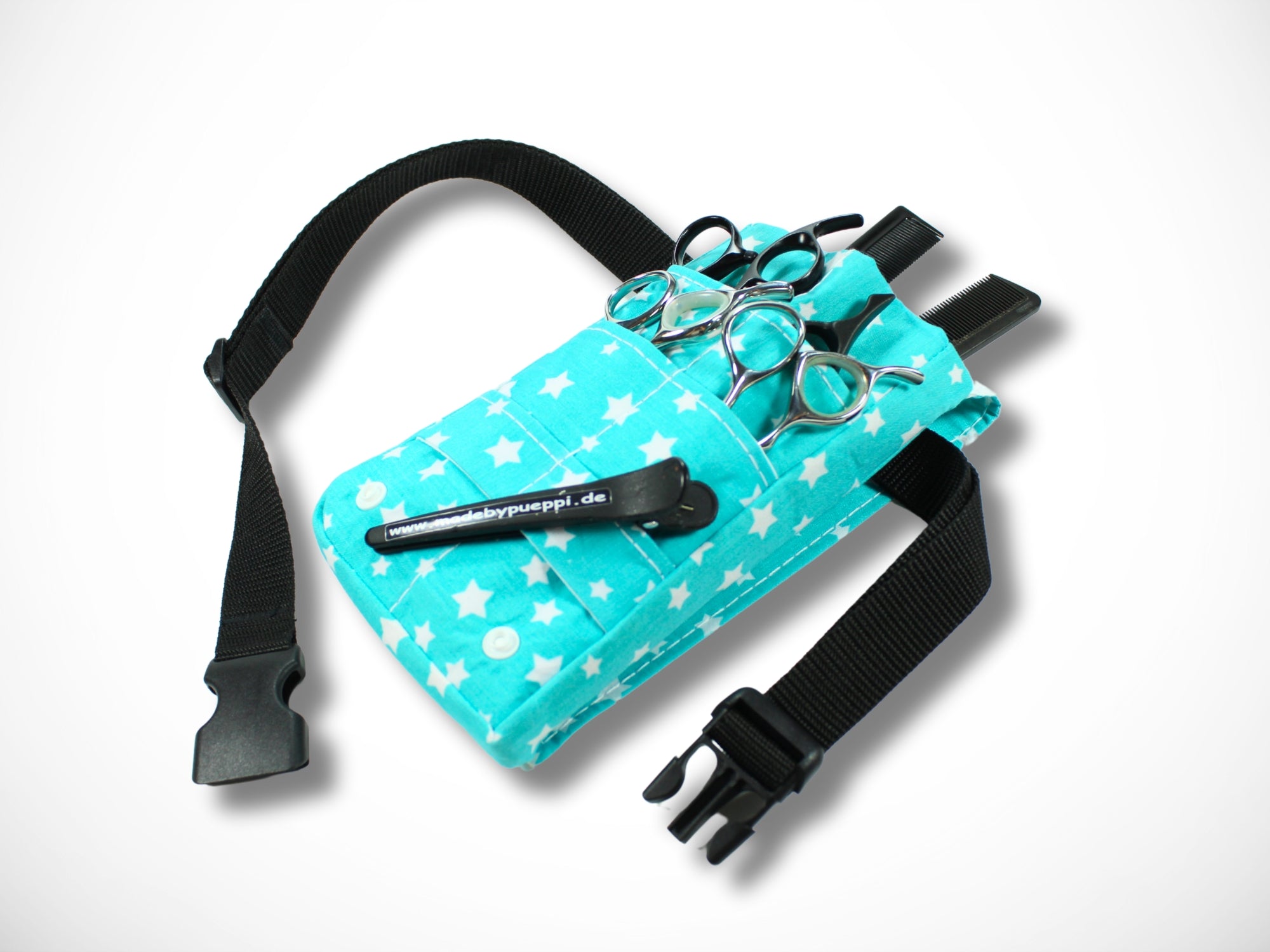Kleine Scherentasche für Friseurwerkzeug aus verstärkter Baumwolle in türkis mit Sternen für Friseurscheren Friseurin