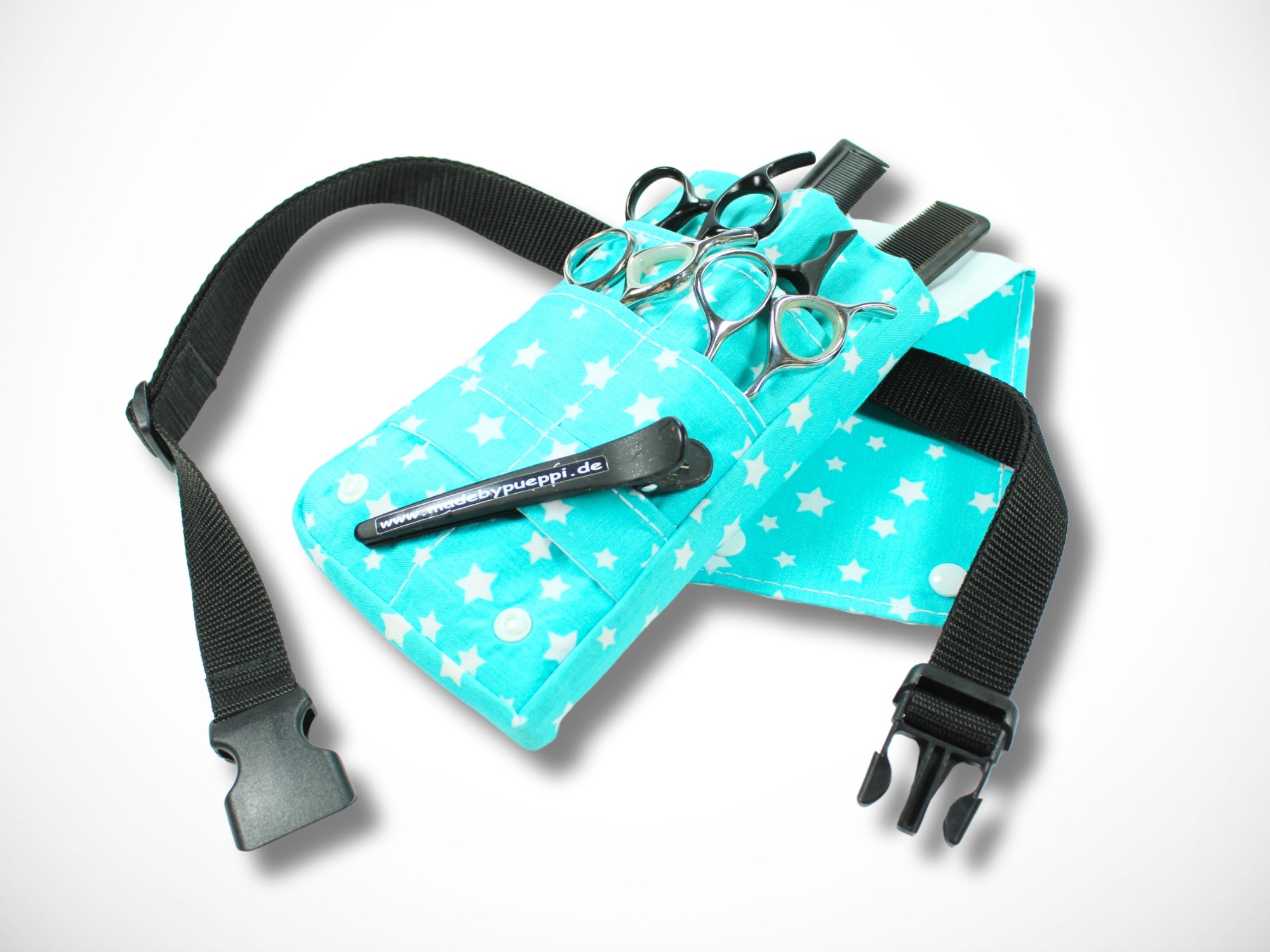 Kleine Scherentasche für Friseurwerkzeug aus verstärkter Baumwolle in türkis mit Sternen für Friseurscheren Friseurin