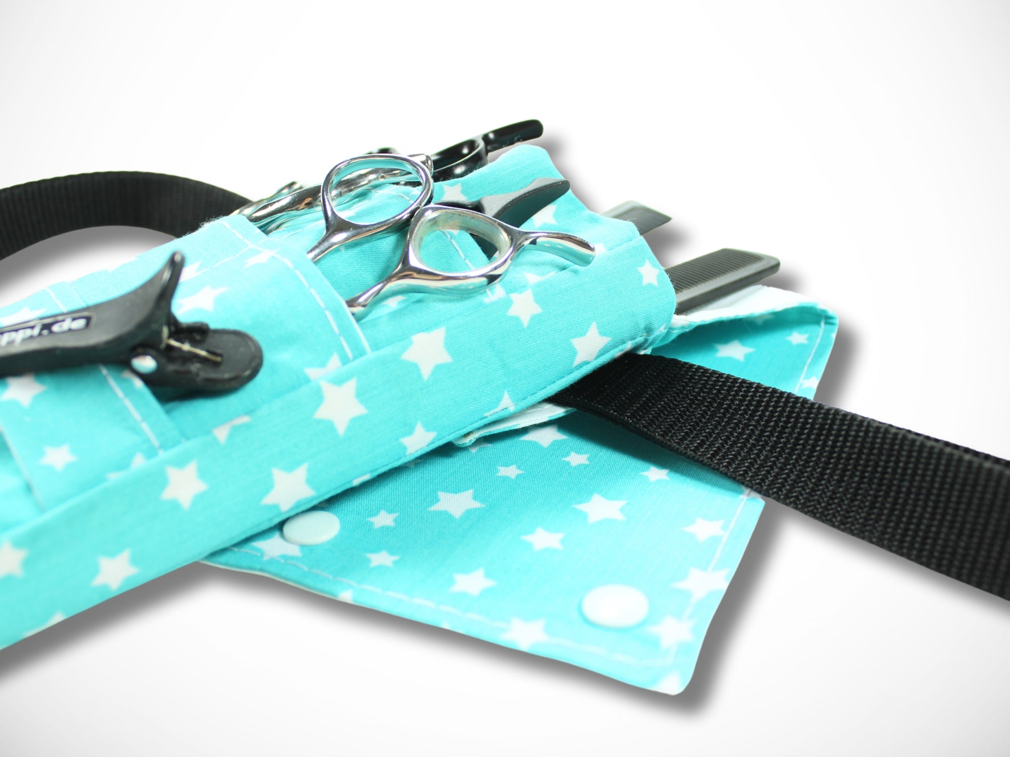 Kleine Scherentasche für Friseurwerkzeug aus verstärkter Baumwolle in türkis mit Sternen für Friseurscheren Friseurin
