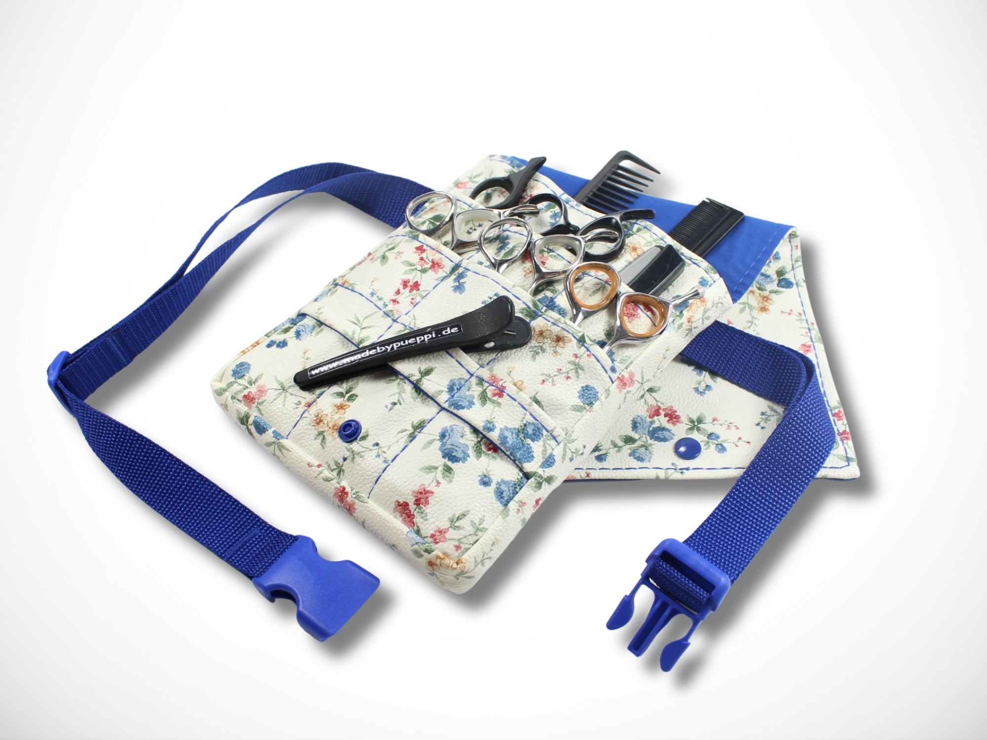 Friseur Scherentasche aus Kunstleder mit Blumen in blau Gürteltasche für Friseurwerkzeug für Friseurin
