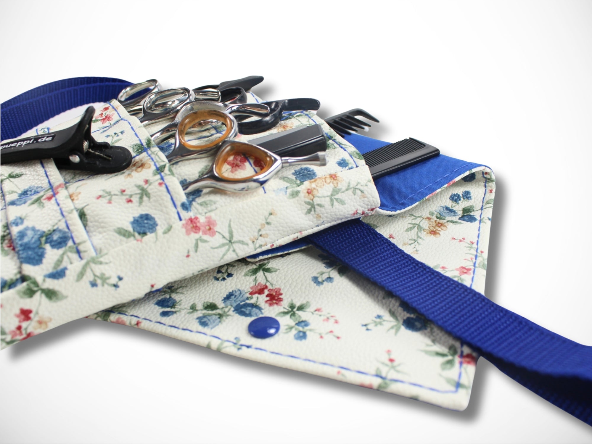 Friseur Scherentasche aus Kunstleder mit Blumen in blau Gürteltasche für Friseurwerkzeug für Friseurin