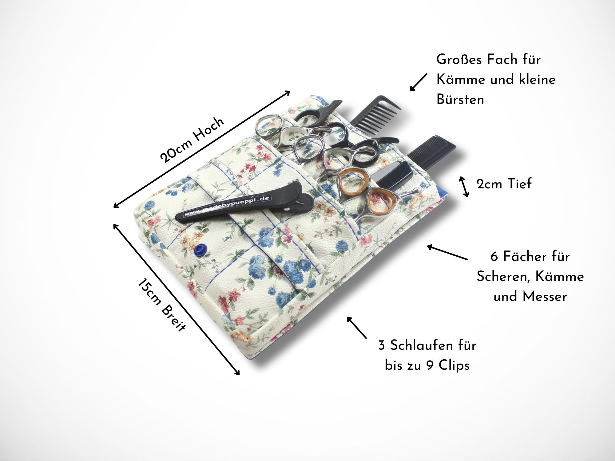Friseur Scherentasche aus Kunstleder mit Blumen in blau Gürteltasche für Friseurwerkzeug für Friseurin
