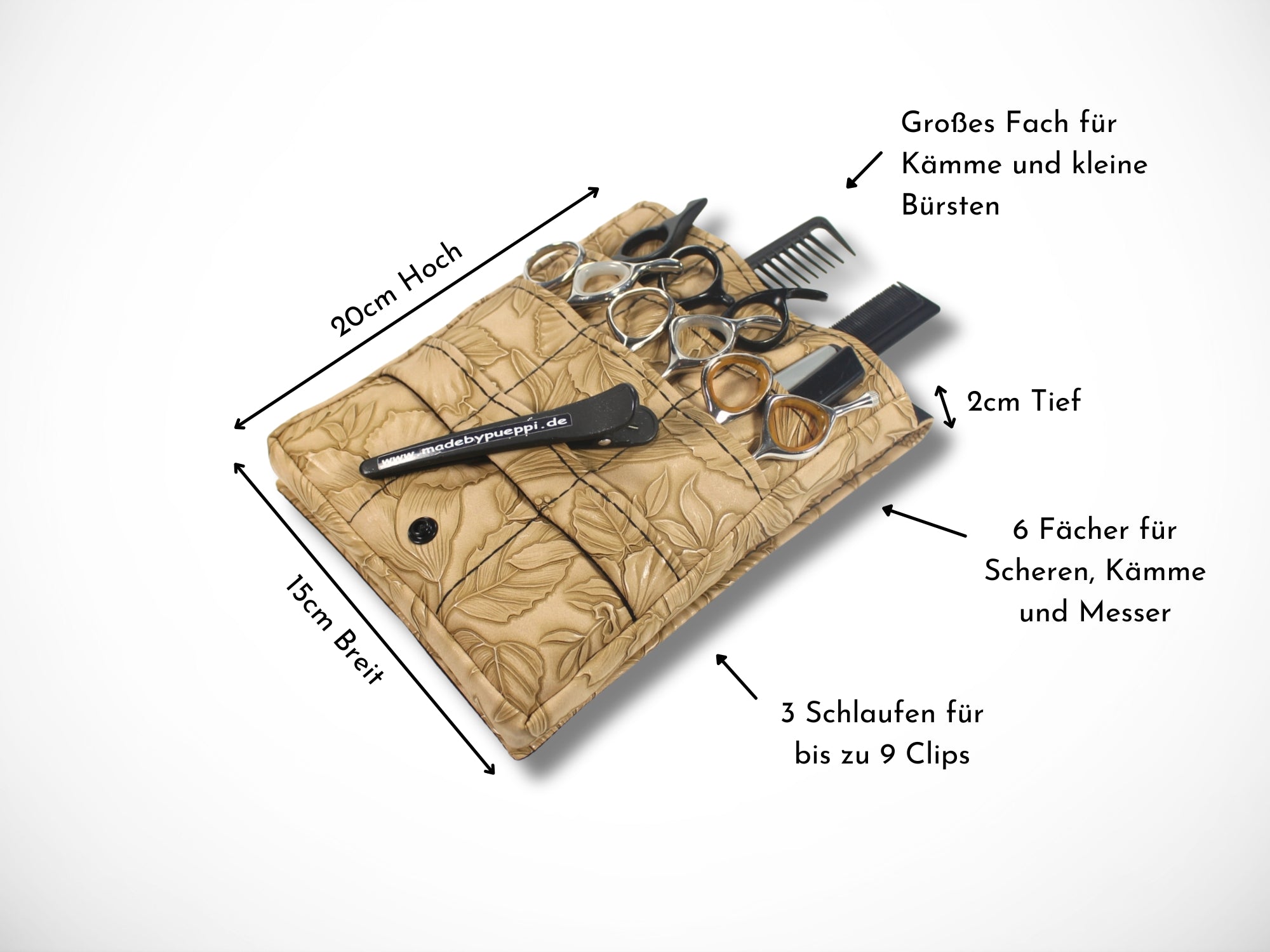 Friseur Scherentasche Blumen Kunstleder hellbraun Gürteltasche für Friseurin und Friseurwerkzeug im Friseursalon